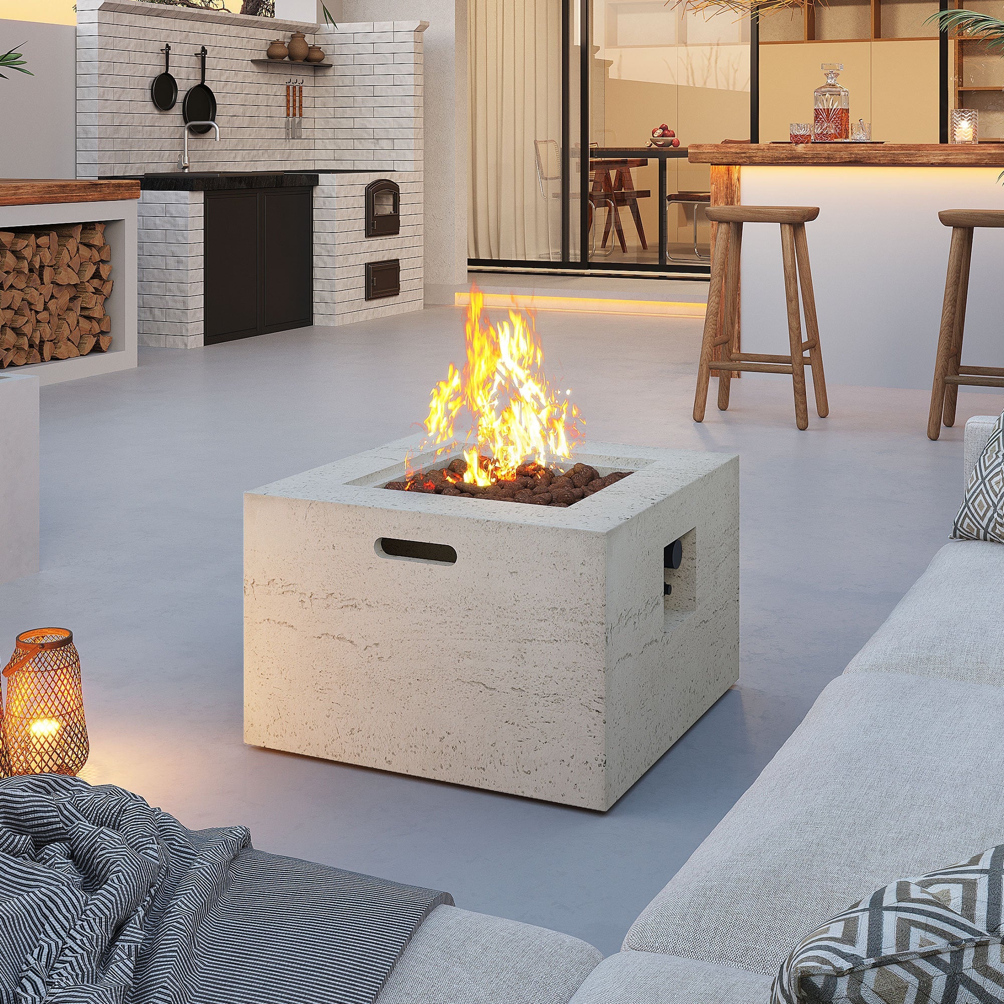 Outdoor Square Fire Pit with Steel Burner, Lava Rocks and Cover