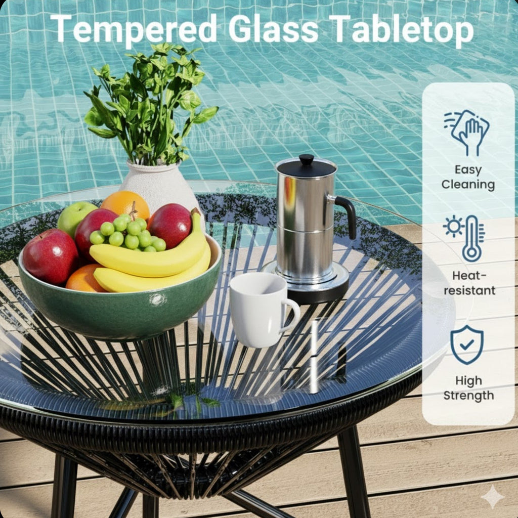 Acapulco-Style 3-Piece Patio Bistro Set with Gray PE Rattan Chairs & Tempered Glass Table
