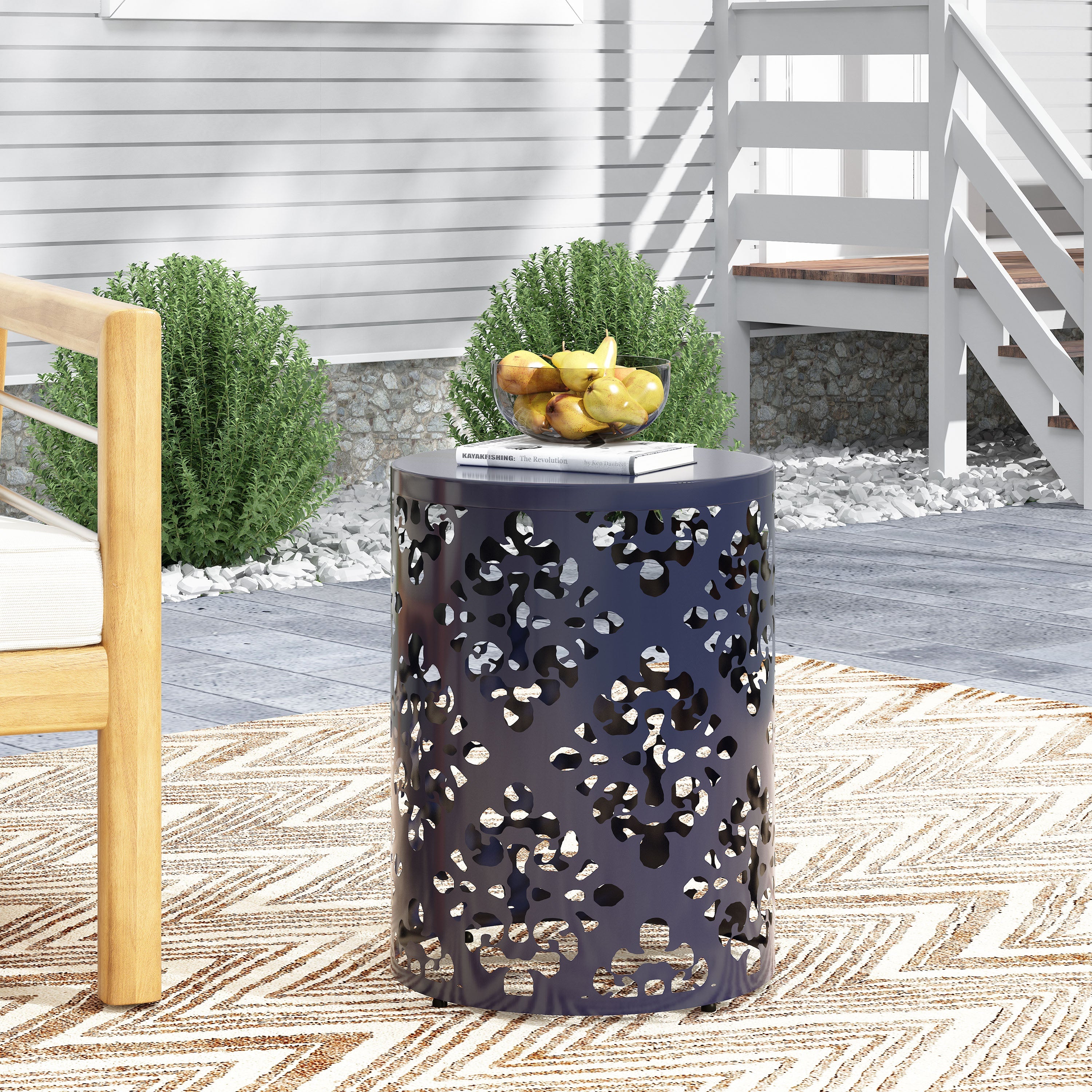Spherical Outdoor Cylindrical End Table with Iron Cut Design
