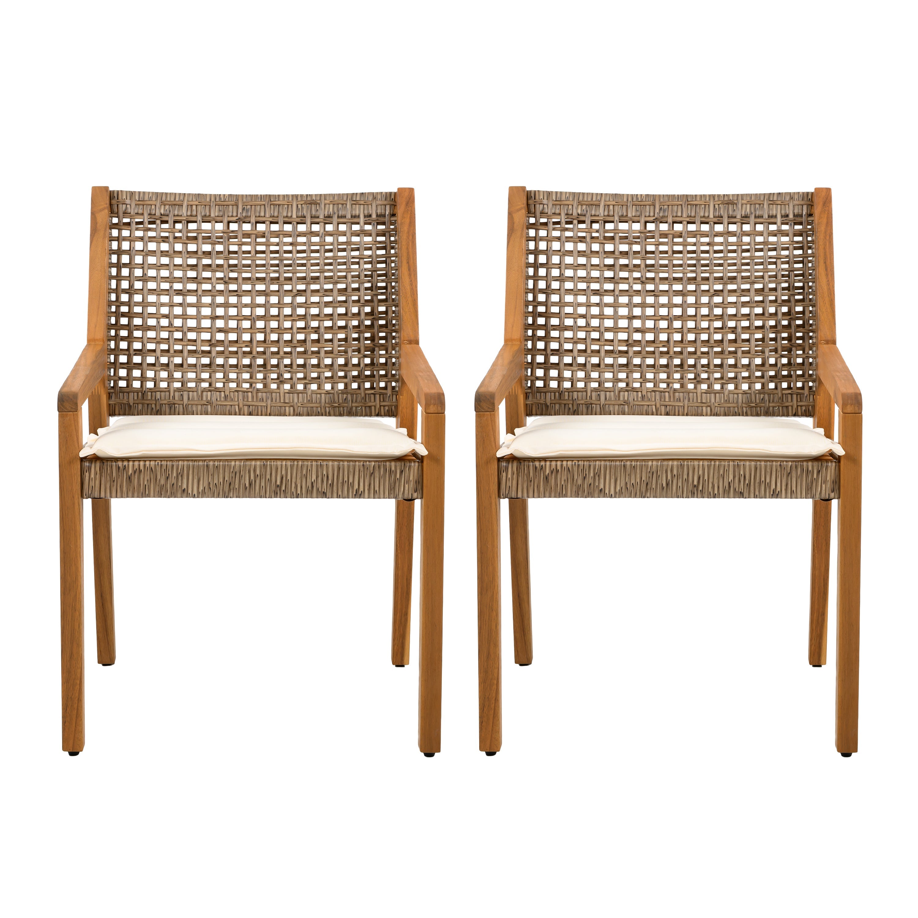 Capri Outdoor Acacia Wood & Wicker Dining Chairs with Cream Cushion, Set of 2