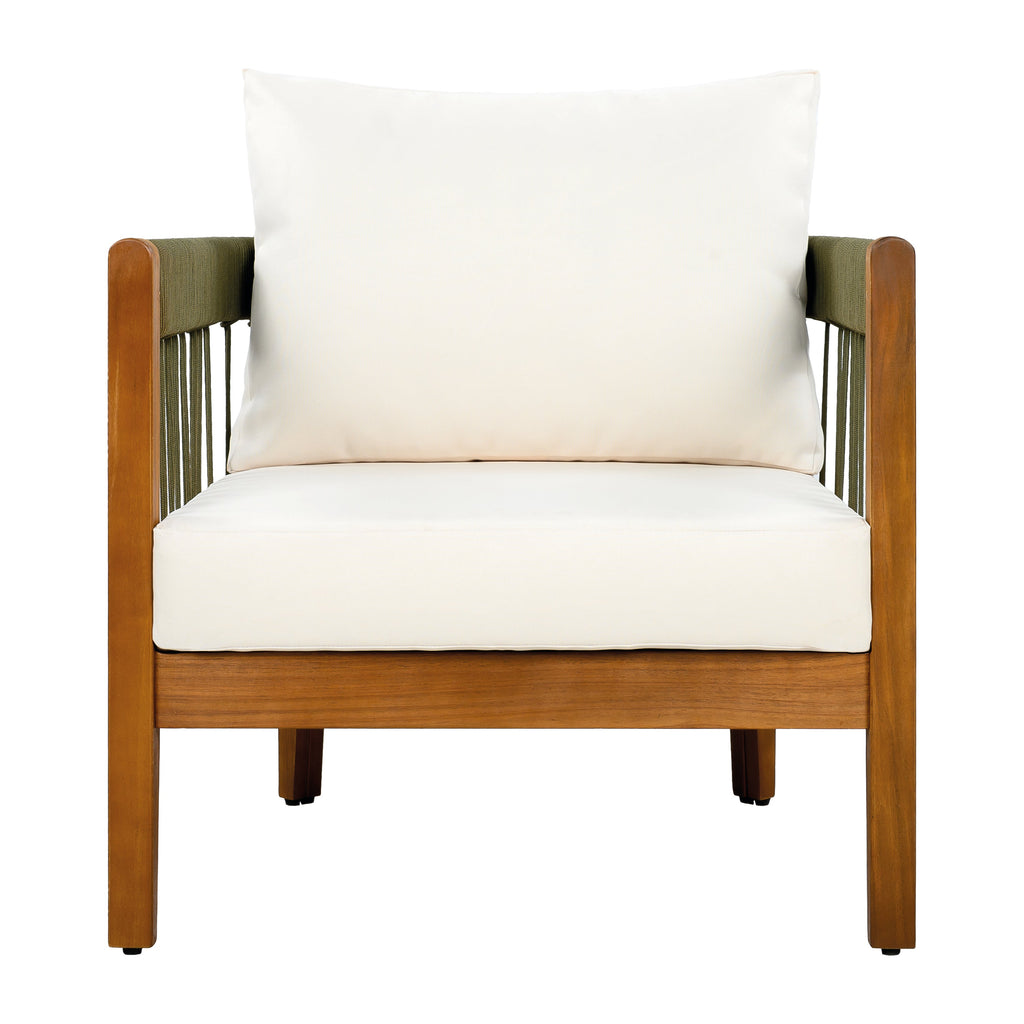Azari Outdoor Acacia Wood Club Chair with Handwoven Rope Accents & Curved Backrest