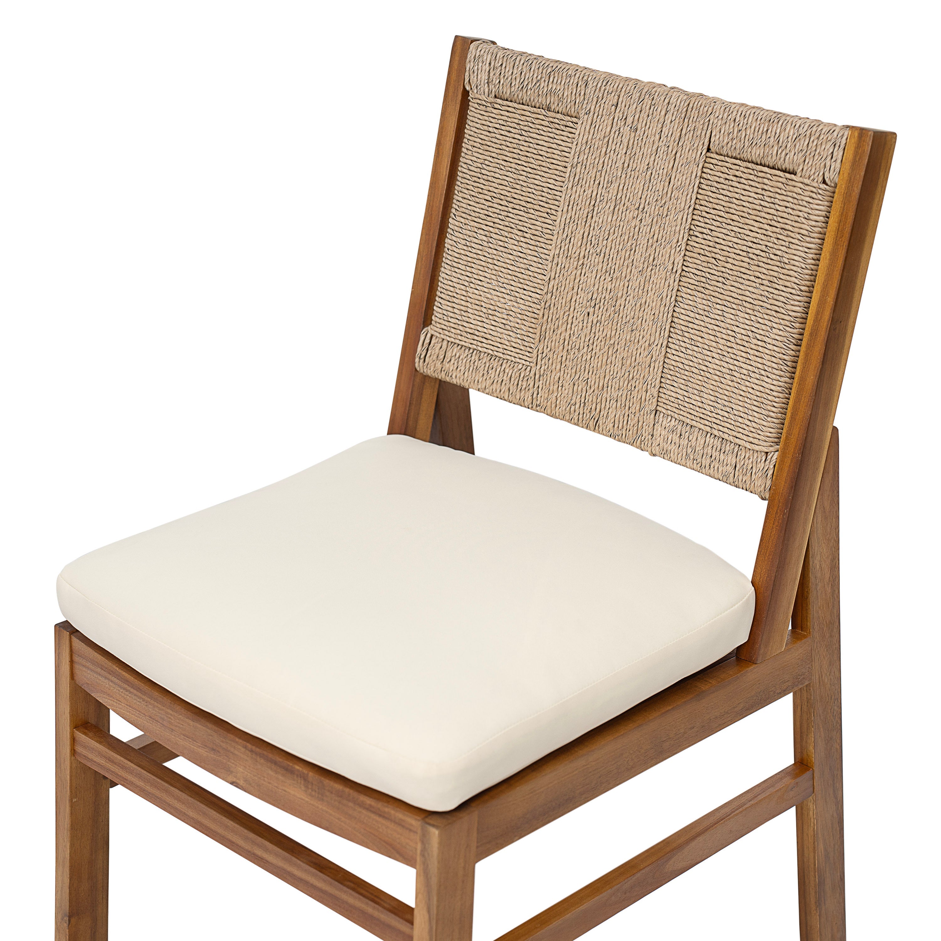 Monica Outdoor Wood and Wicker Woven Dining Chair with Cushions, Set of 2