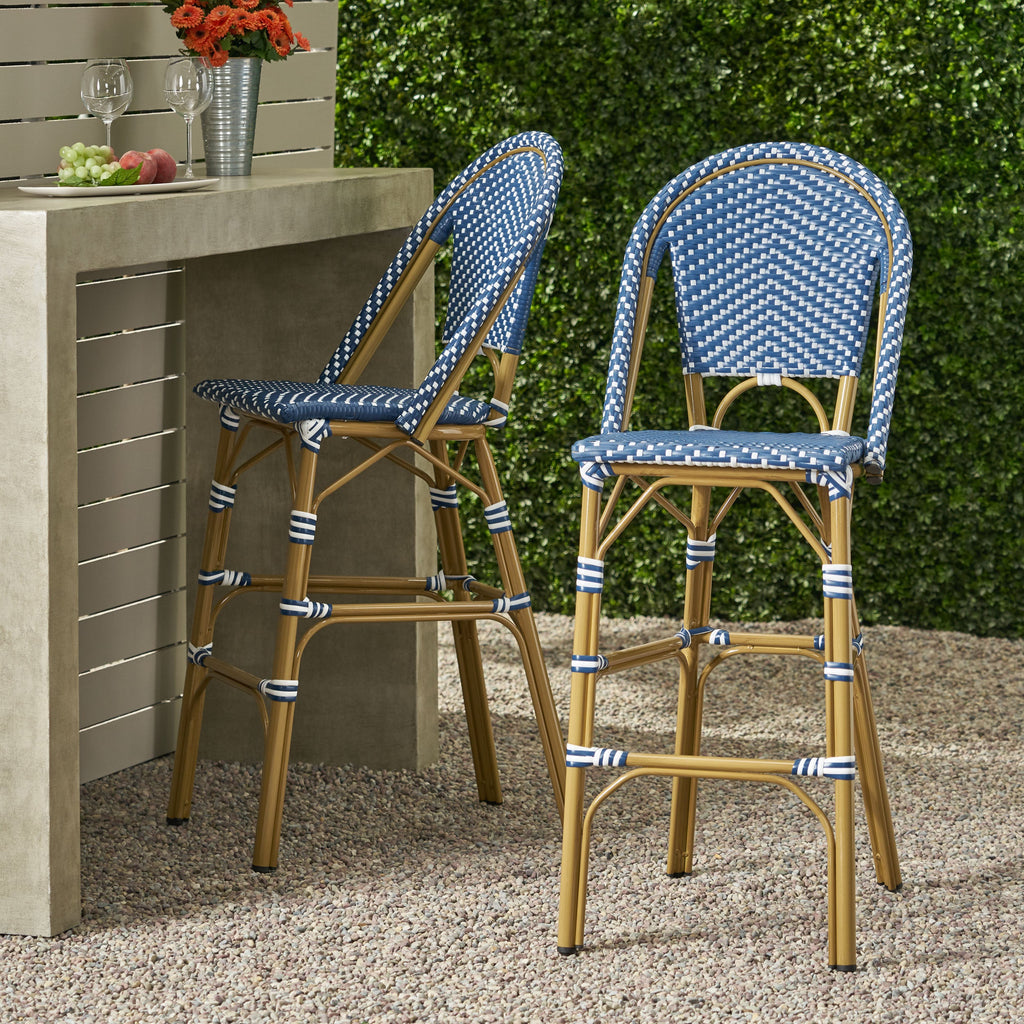Clifftop 29.5" Outdoor Rattan Bar Stool with Aluminum Frame and Footrest, Set of 2