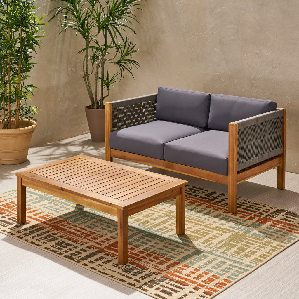 Laurel Outdoor Acacia Wood and Rope Chat Set