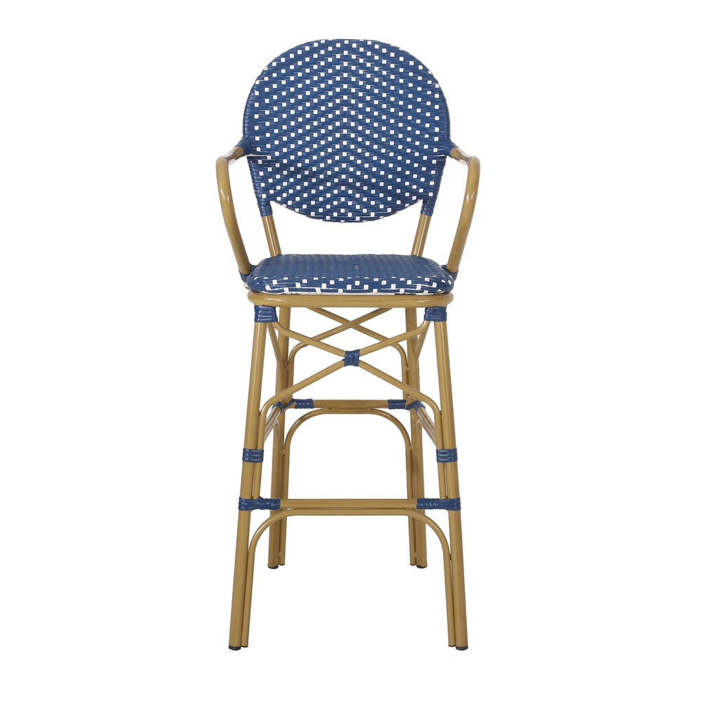 Valorous Outdoor Wicker Bar Stool with Round Back and Curved Arms, Set of 2