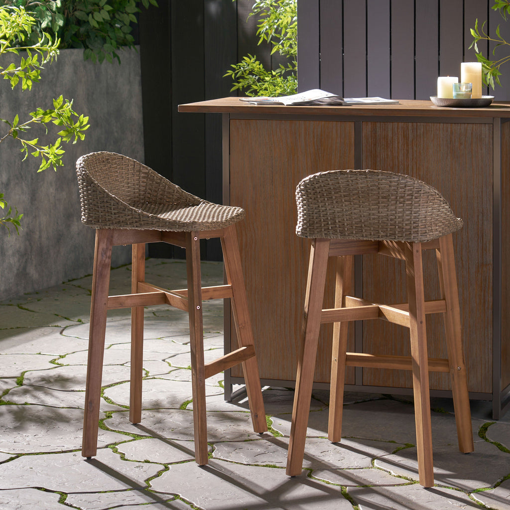 Beeson Outdoor Wicker and Acacia Wood Barstools, Set of 2