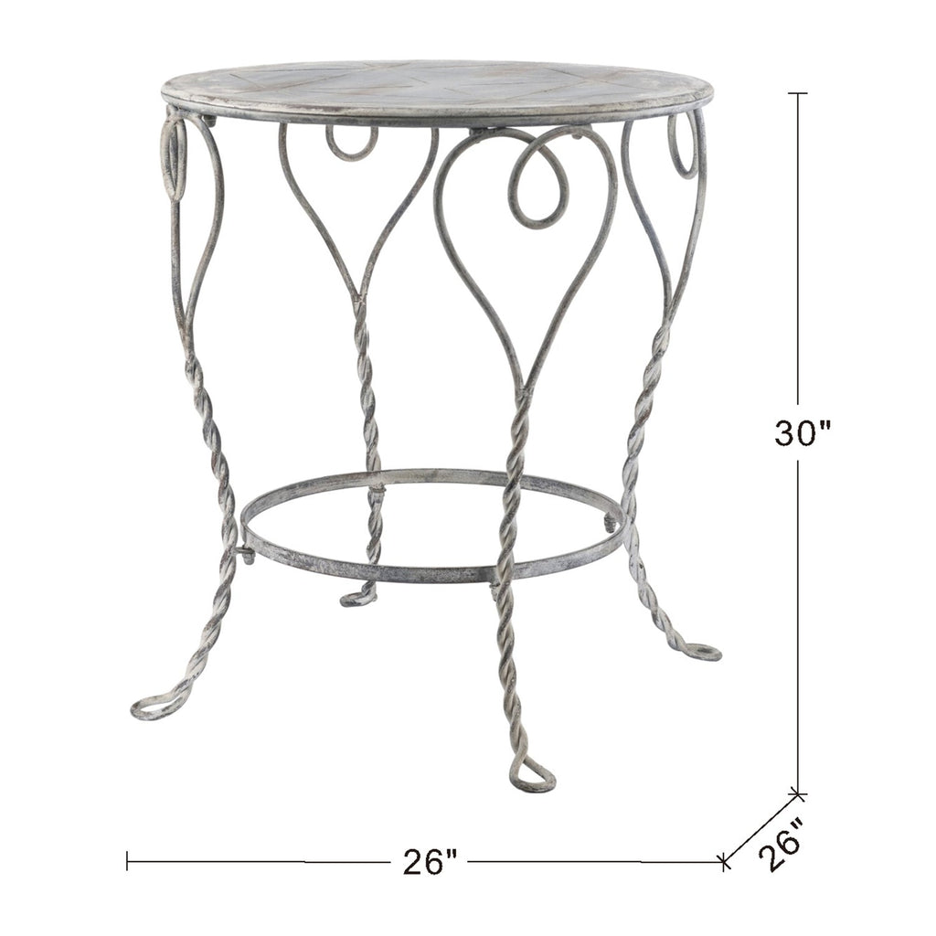 Distressed Silver Finish Heart Iron French Country Round Side Table