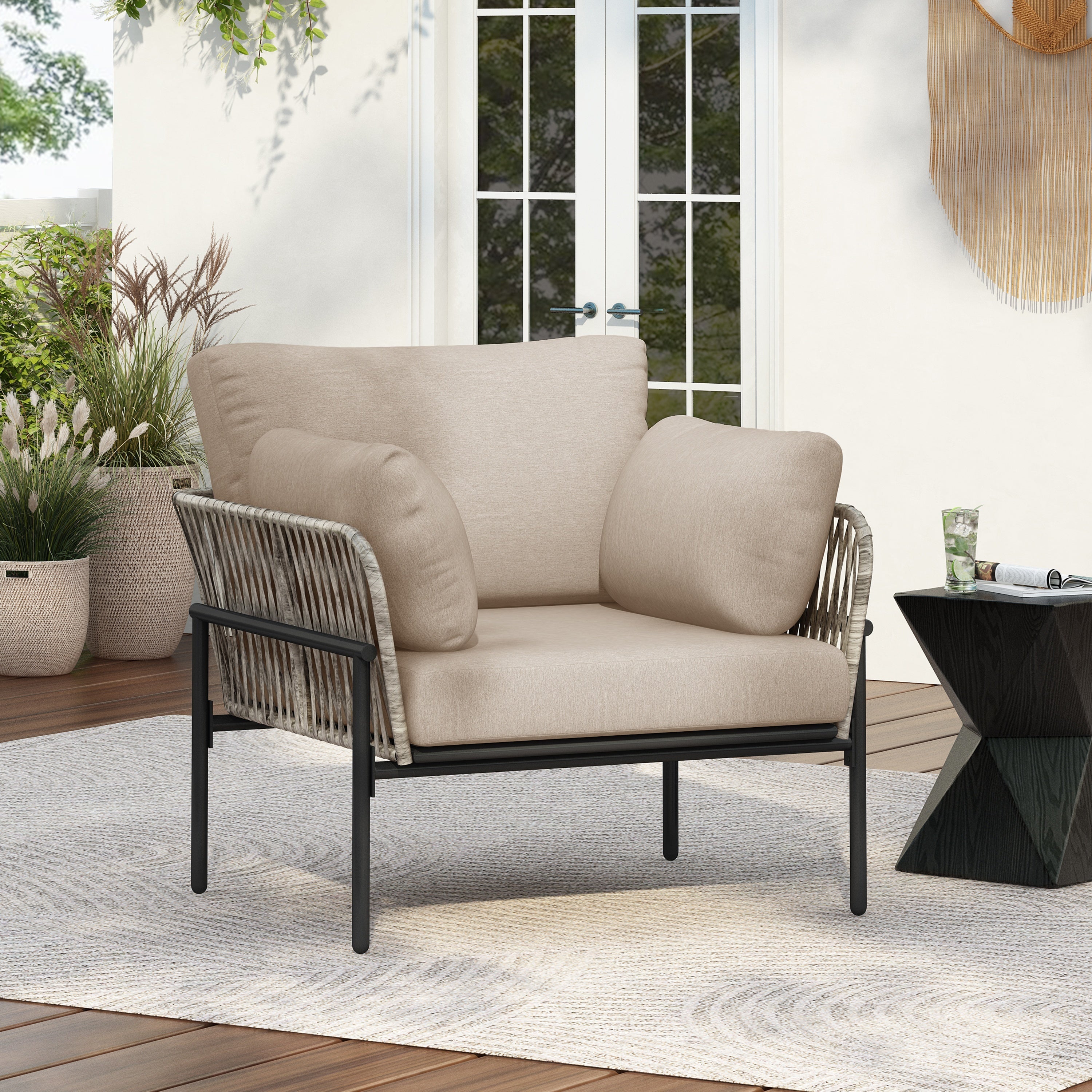 Brisa Outdoor Modern Iron Lounge Chair with Rope Weave
