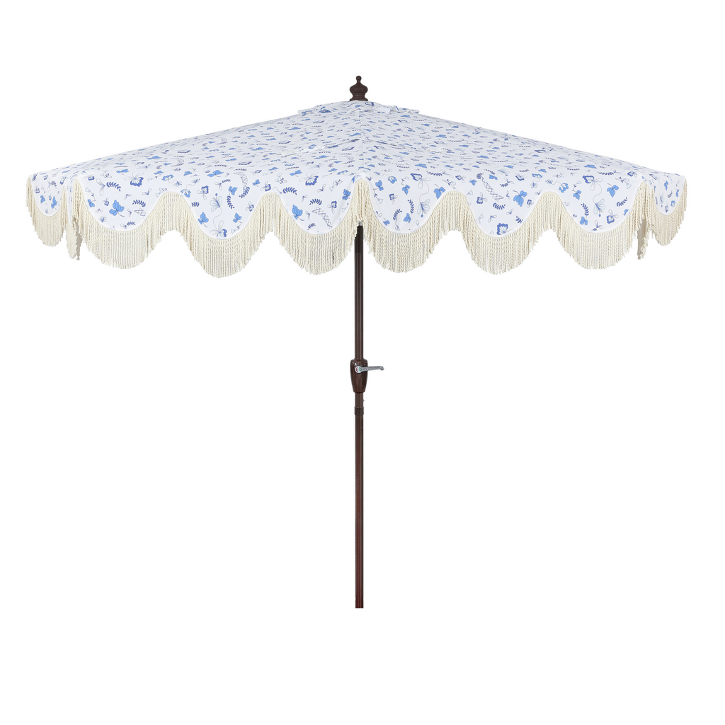 Beverly Stripe Designer Classic Scalloped Fringe Half Market Patio Umbrella with Crank