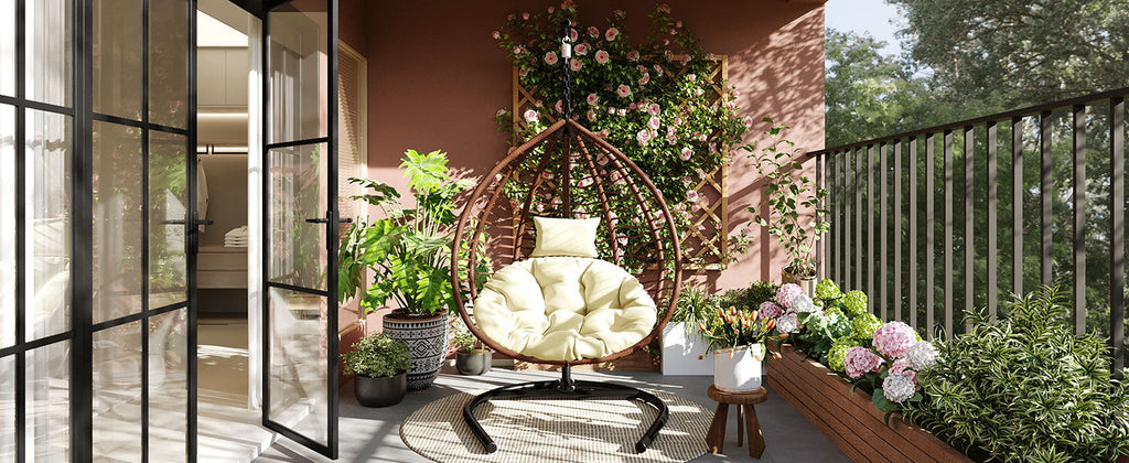 Foldable Rattan Egg Swing Chair with Iron Frame, Plush Cushion & Removable Headrest