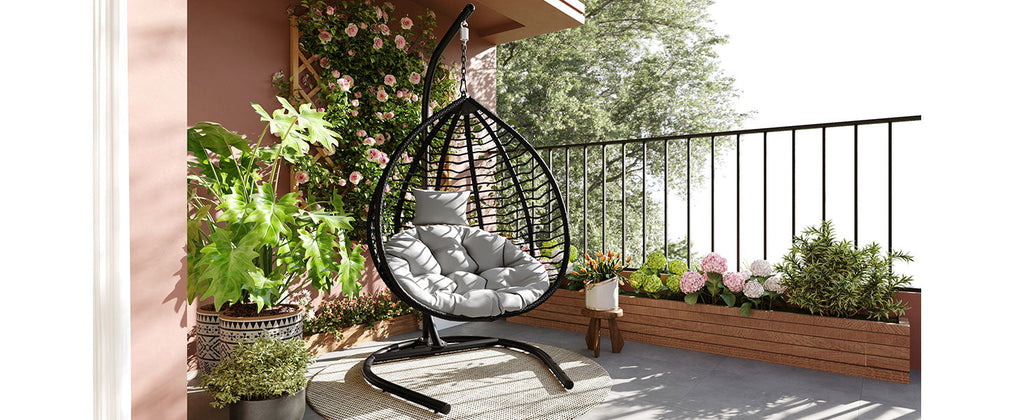 Foldable Rattan Egg Swing Chair with Iron Frame, Plush Cushion & Removable Headrest