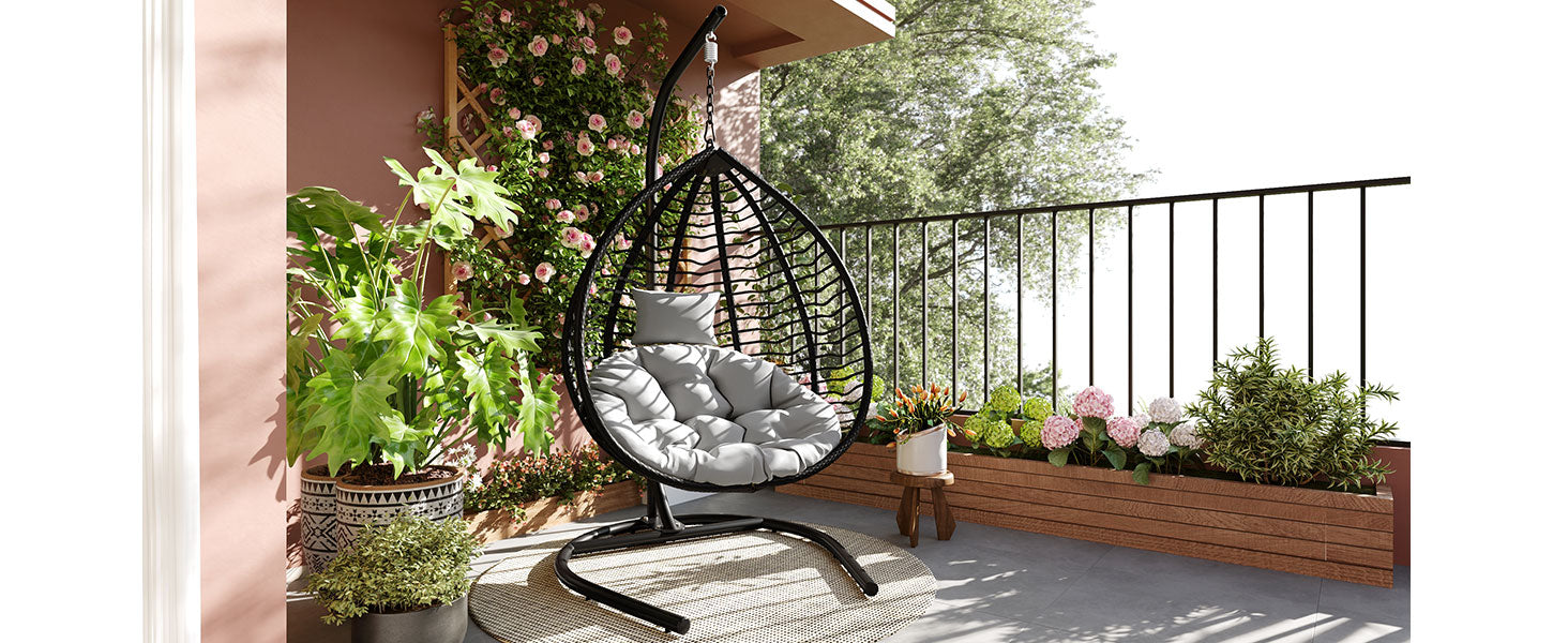 Foldable Rattan Egg Swing Chair with Iron Frame, Plush Cushion & Removable Headrest