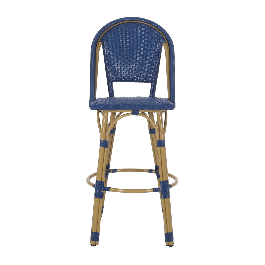 Callisto 29.5" Outdoor Rattan and Aluminum Bar Stool with Curved Back and Footrest