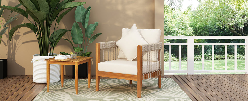 Azari Outdoor Acacia Wood Club Chair with Handwoven Rope Accents & Curved Backrest