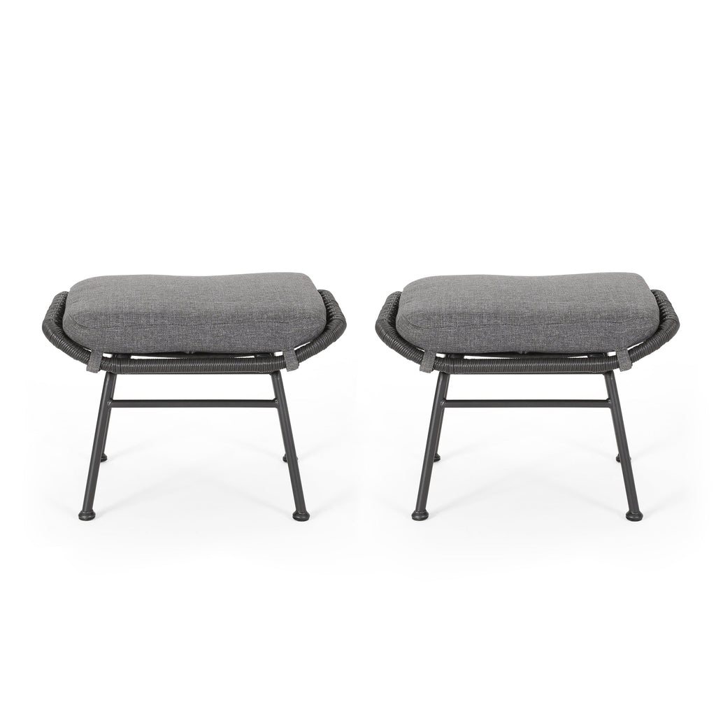 Cordella Outdoor Modern Boho Wicker Ottoman with Cushions, Set of 2