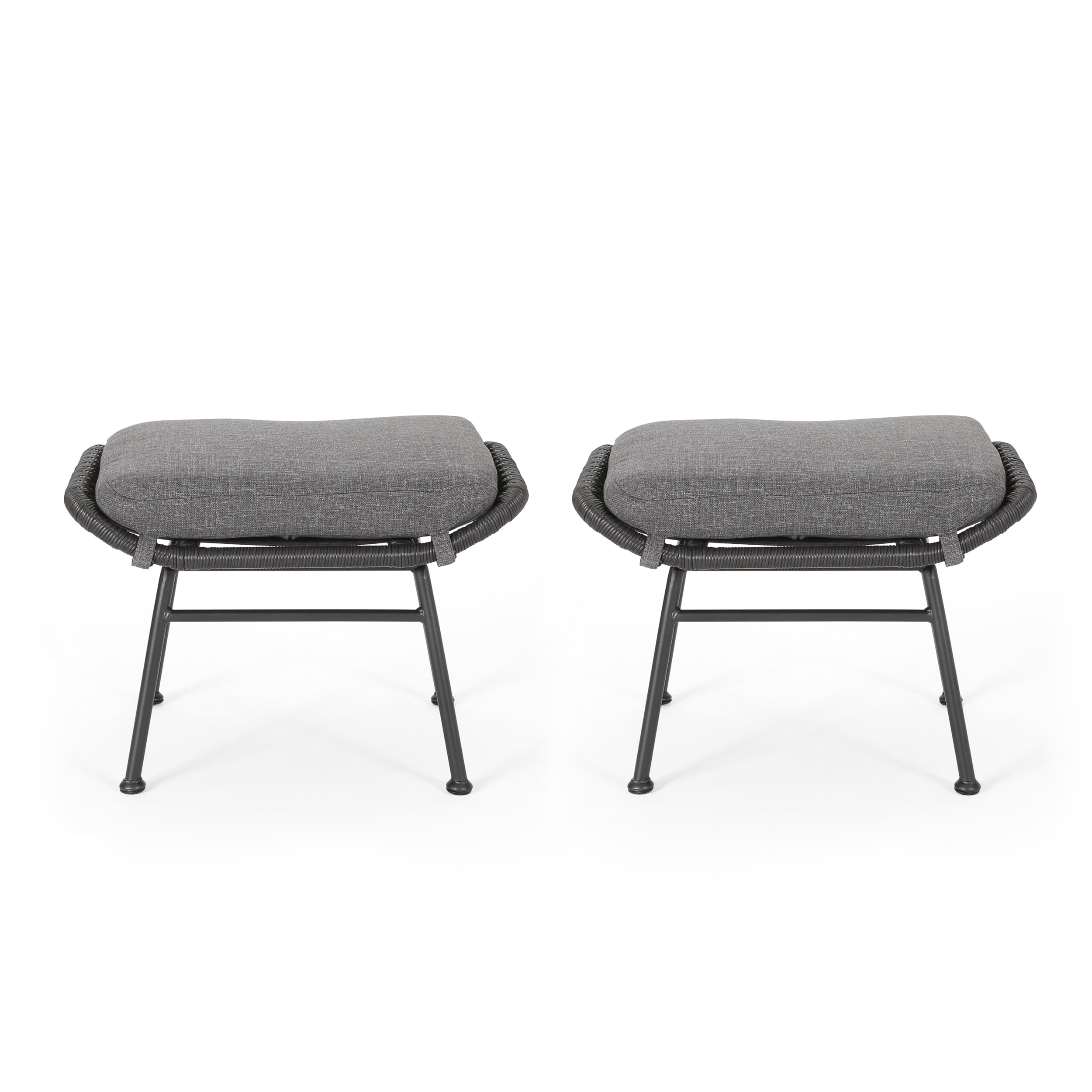 Cordella Outdoor Modern Boho Wicker Ottoman with Cushions, Set of 2