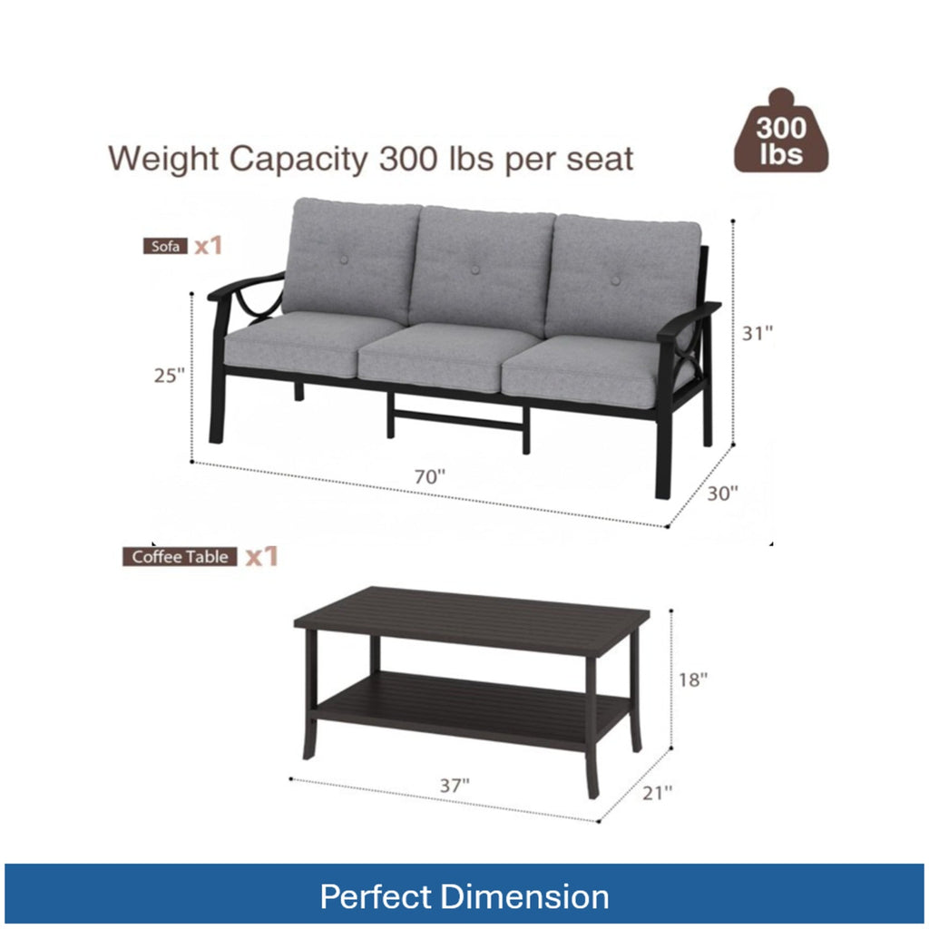 Marisol 2 Piece Outdoor Patio Set, 70" All-Weather Metal 3-Seat Sofa and Coffee Table