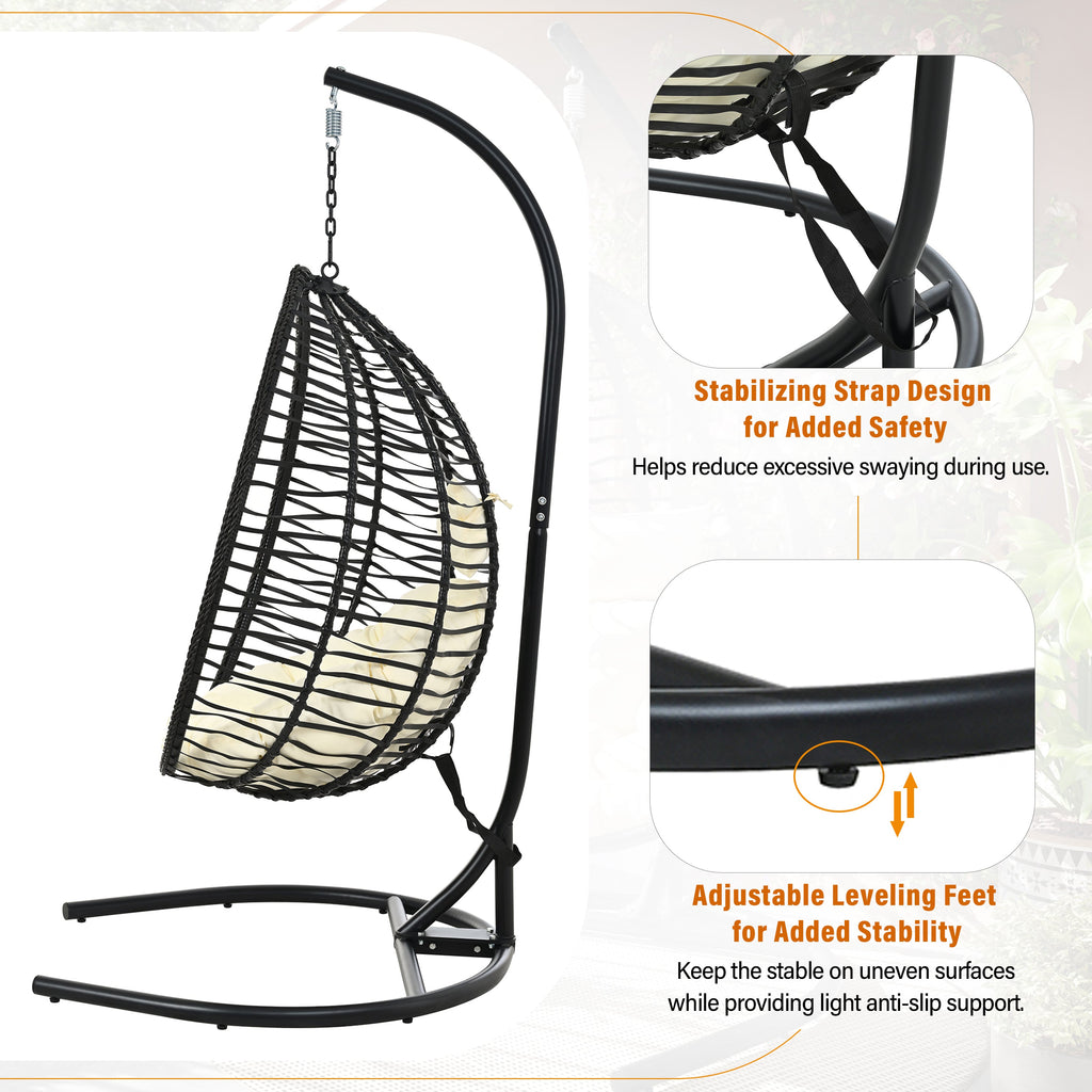 Foldable Rattan Egg Swing Chair with Iron Frame, Plush Cushion & Removable Headrest
