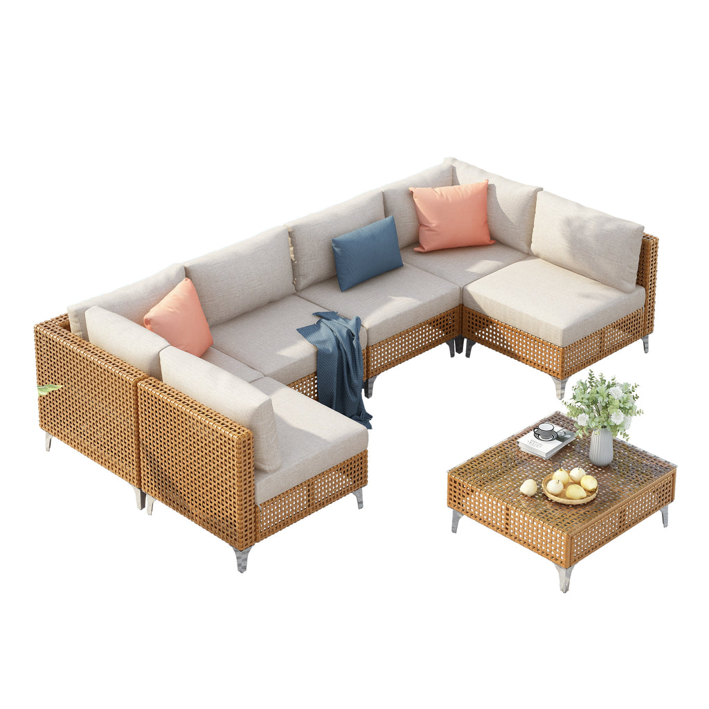 7-Piece Outdoor Wicker Sectional Sofa with Water Resistant Cushions and Coffee Table