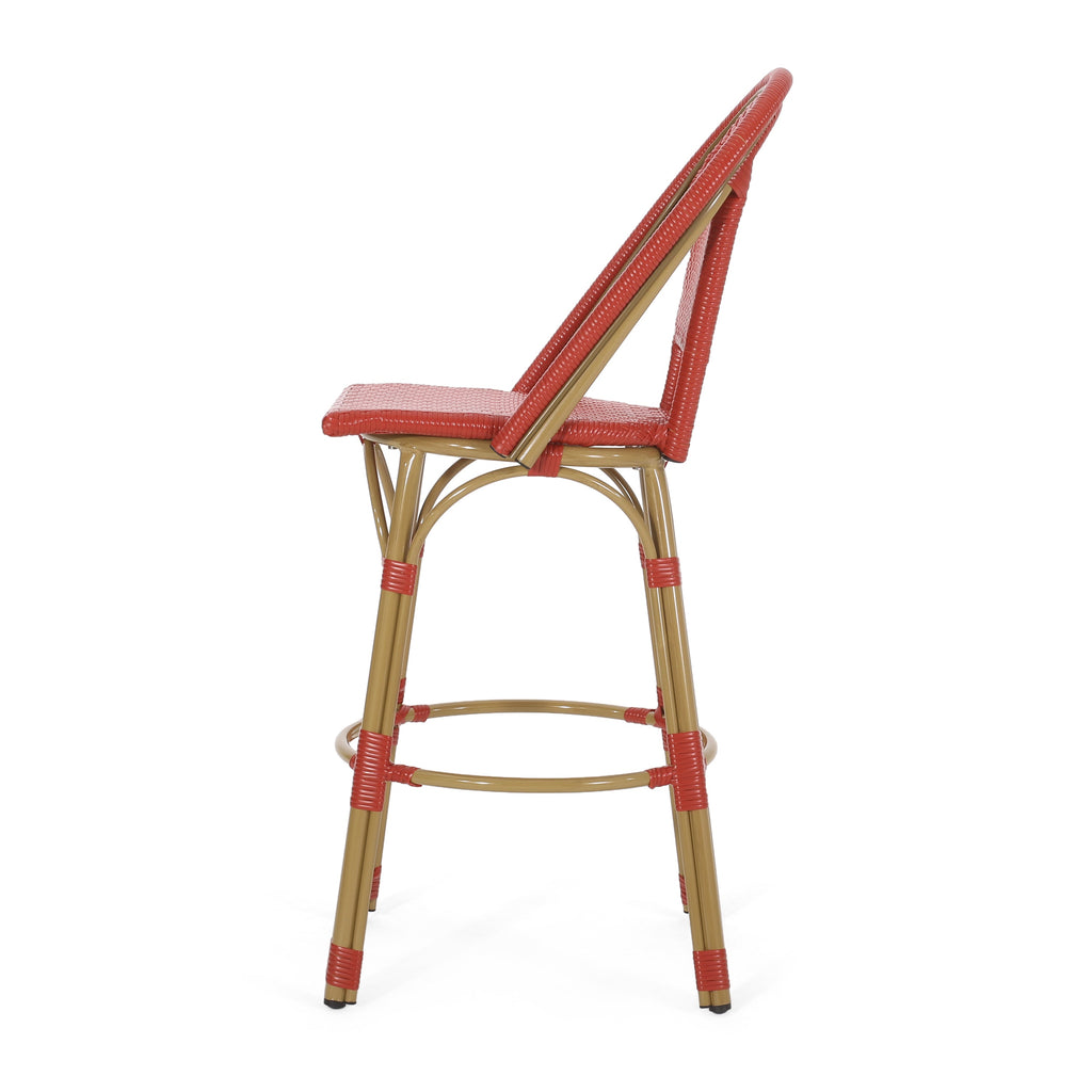 Callisto 29.5" Outdoor Rattan and Aluminum Bar Stool with Curved Back and Footrest