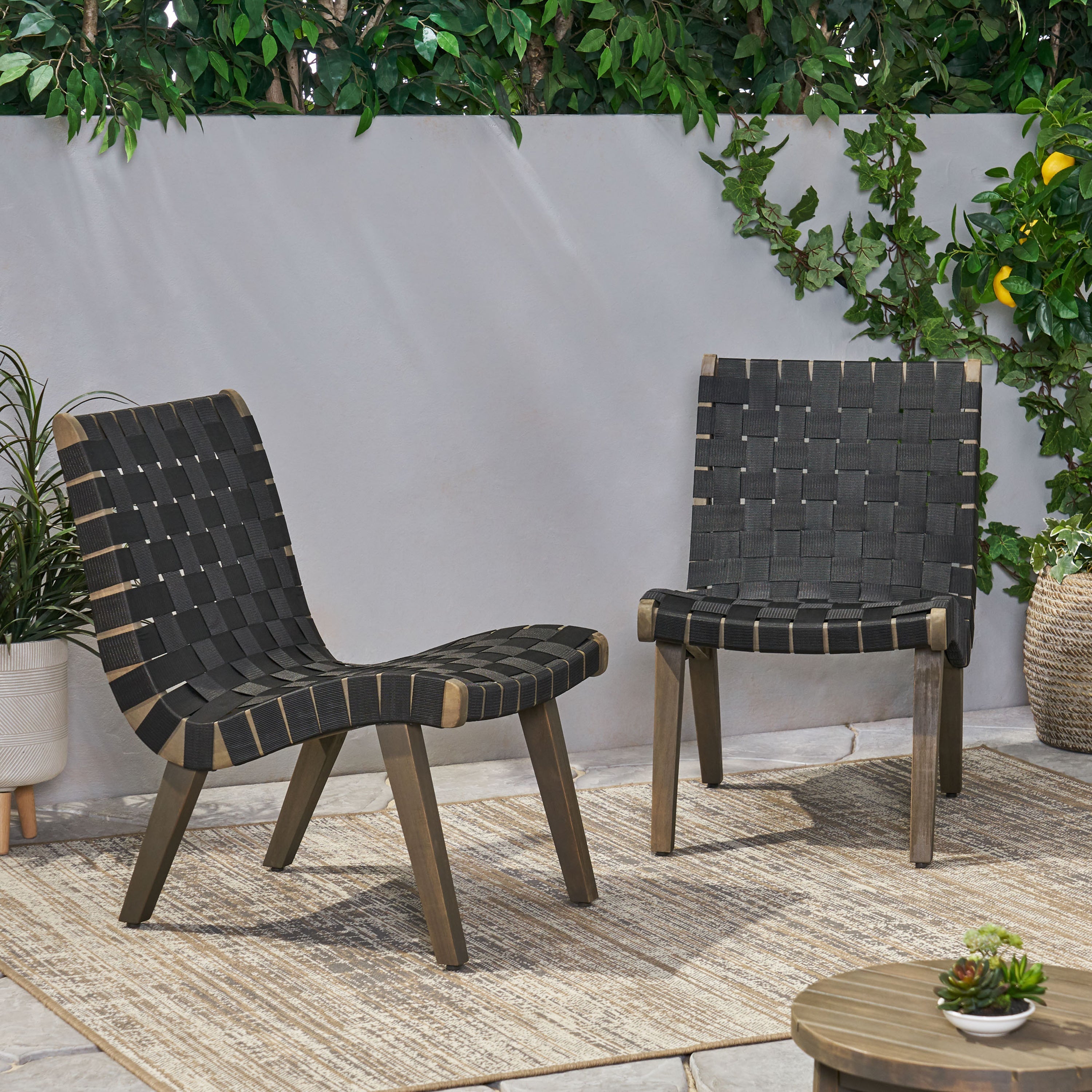 Delights Outdoor Lounge Chair with Rope Weave Design and Wood Frame, Set of 2