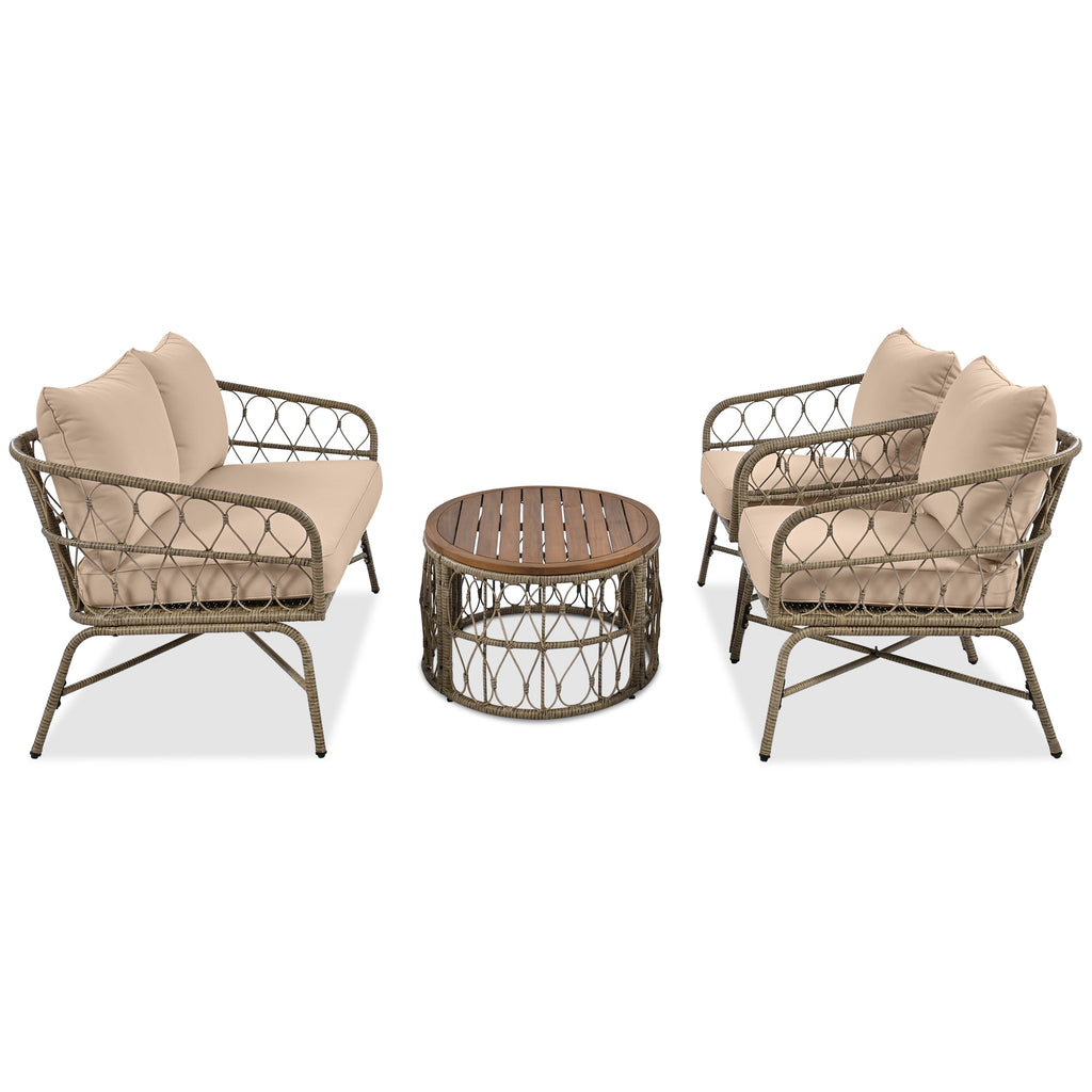 4-Piece Outdoor Sofa Set with Woven Wicker Design and Wood Table Top