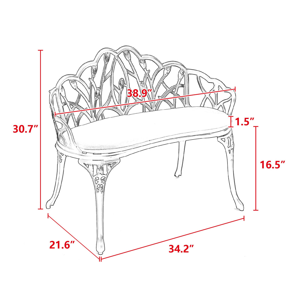 Tulip Cast Aluminum Garden Bench with cushion