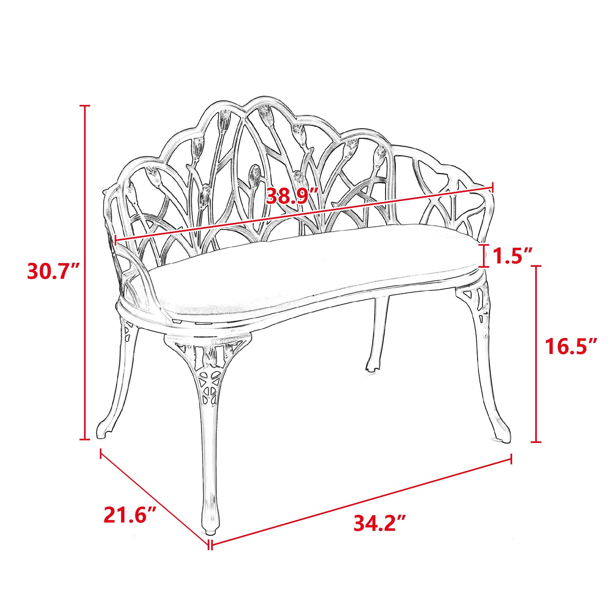 Tulip Cast Aluminum Garden Bench with cushion