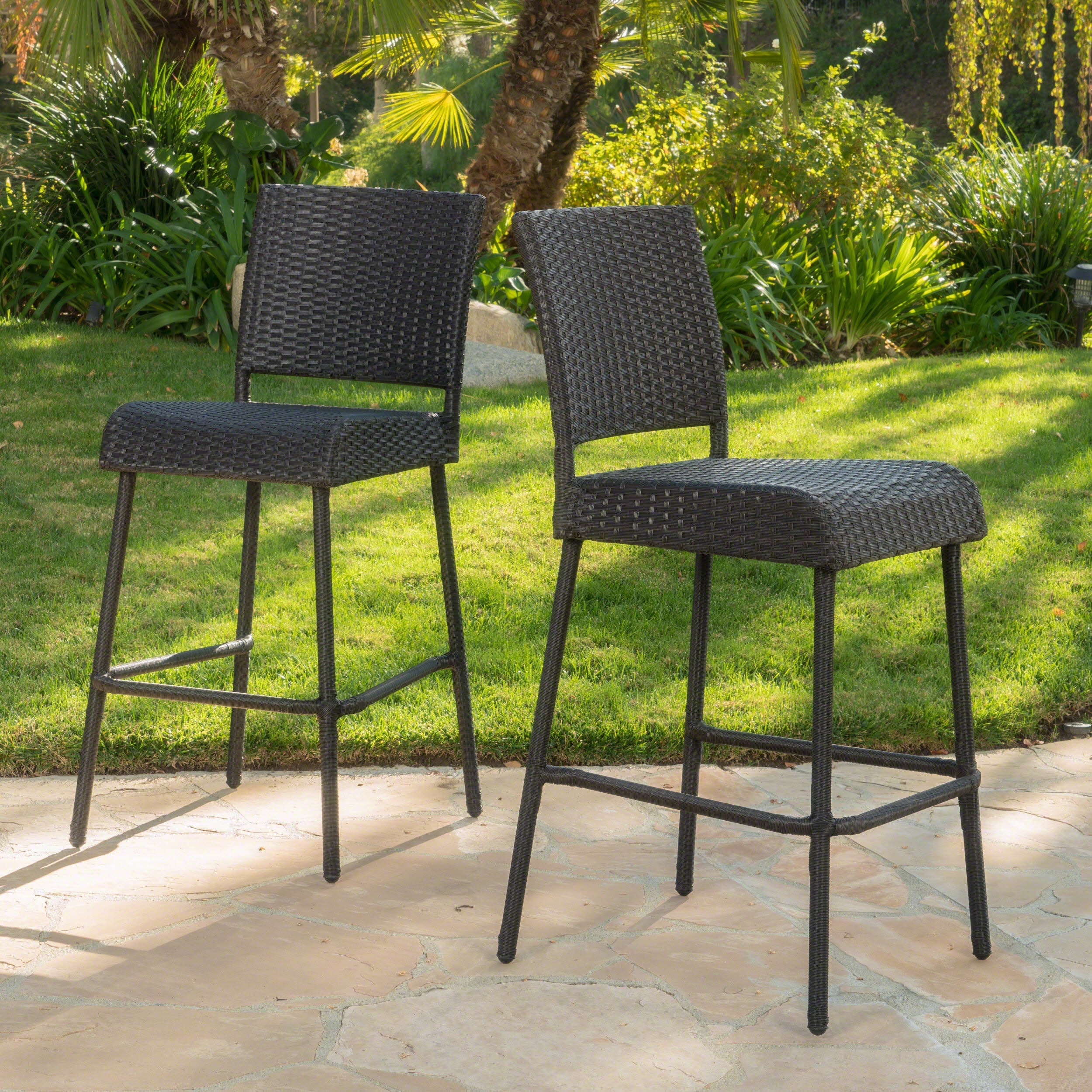 29" Outdoor Rattan Armless Barstools, Set of 2