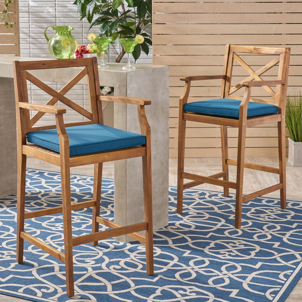 Perla Outdoor Acacia Wood Barstools, Set of 2