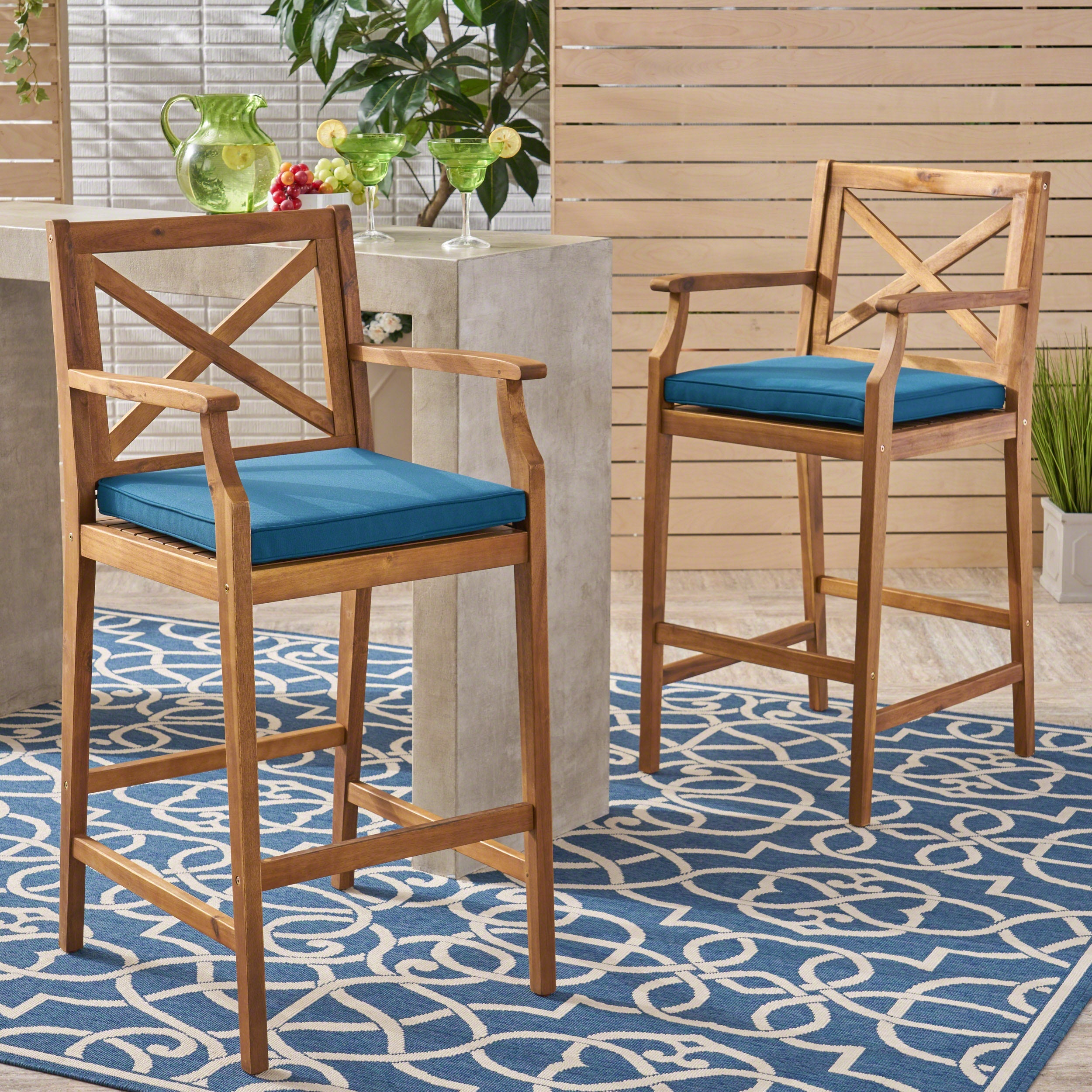 Perla Outdoor Acacia Wood Barstools, Set of 2