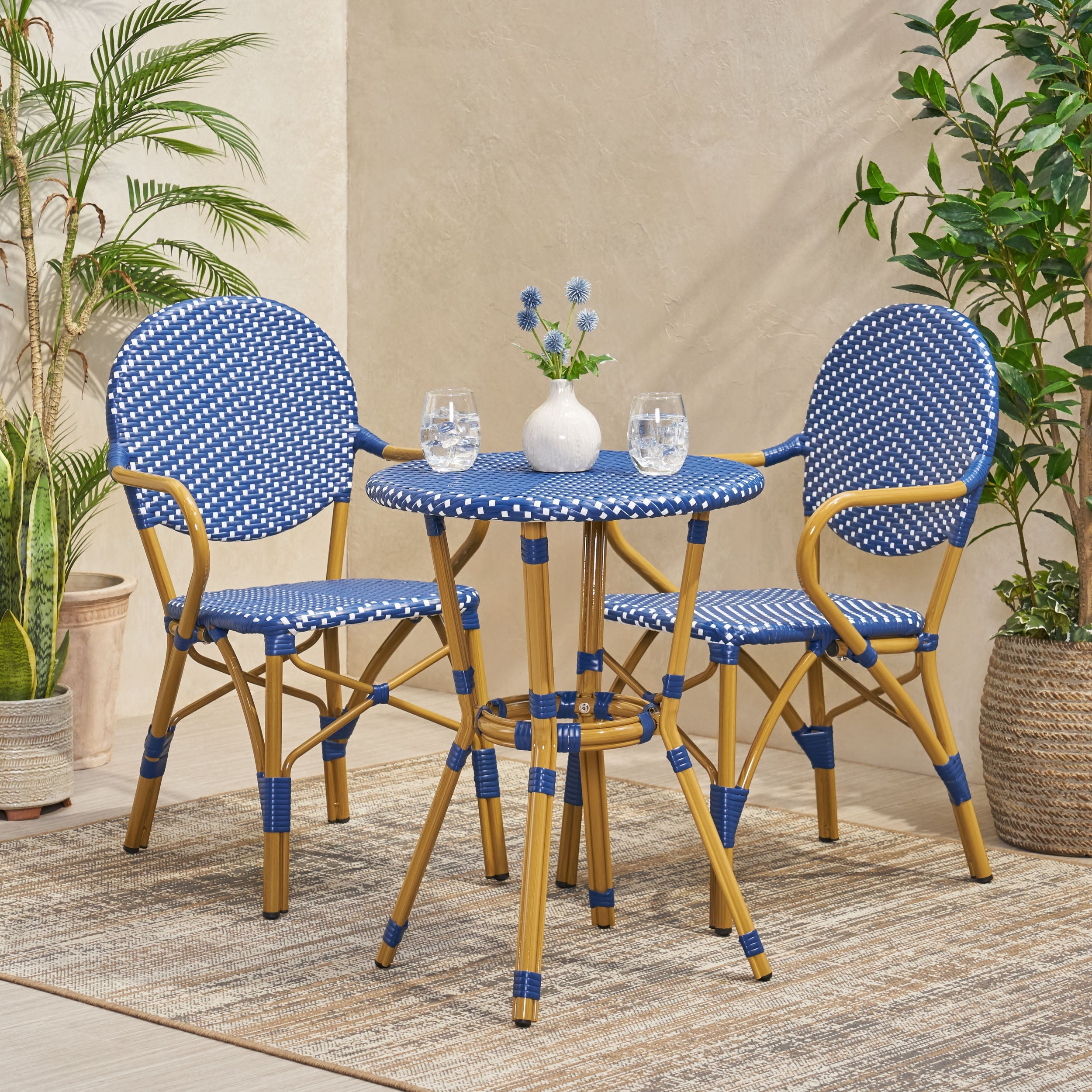 3-Piece Faux Rattan Bistro Set with Round Table and 2 Armchairs