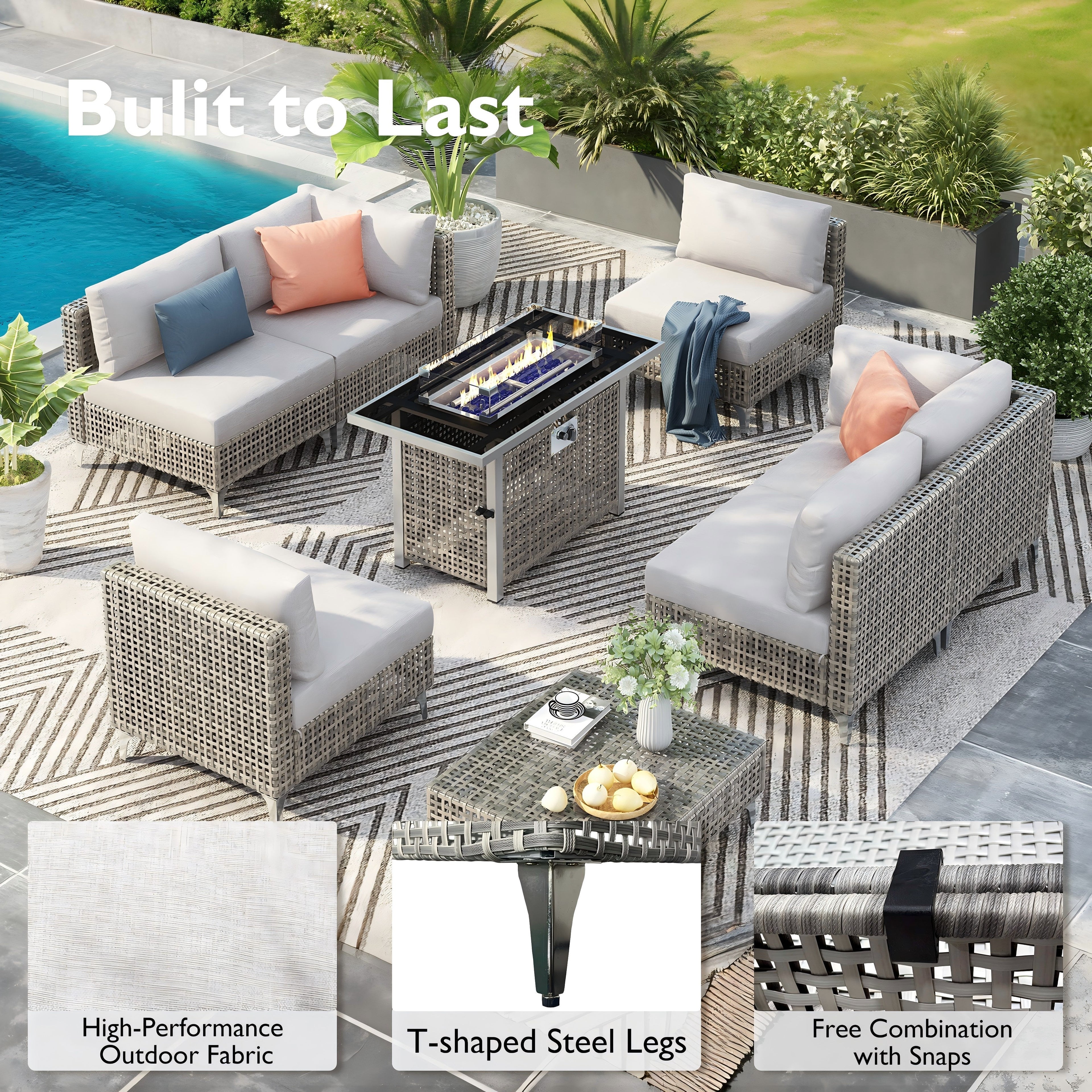 7-Piece Outdoor Wicker Sectional Sofa with Water Resistant Cushions and Coffee Table