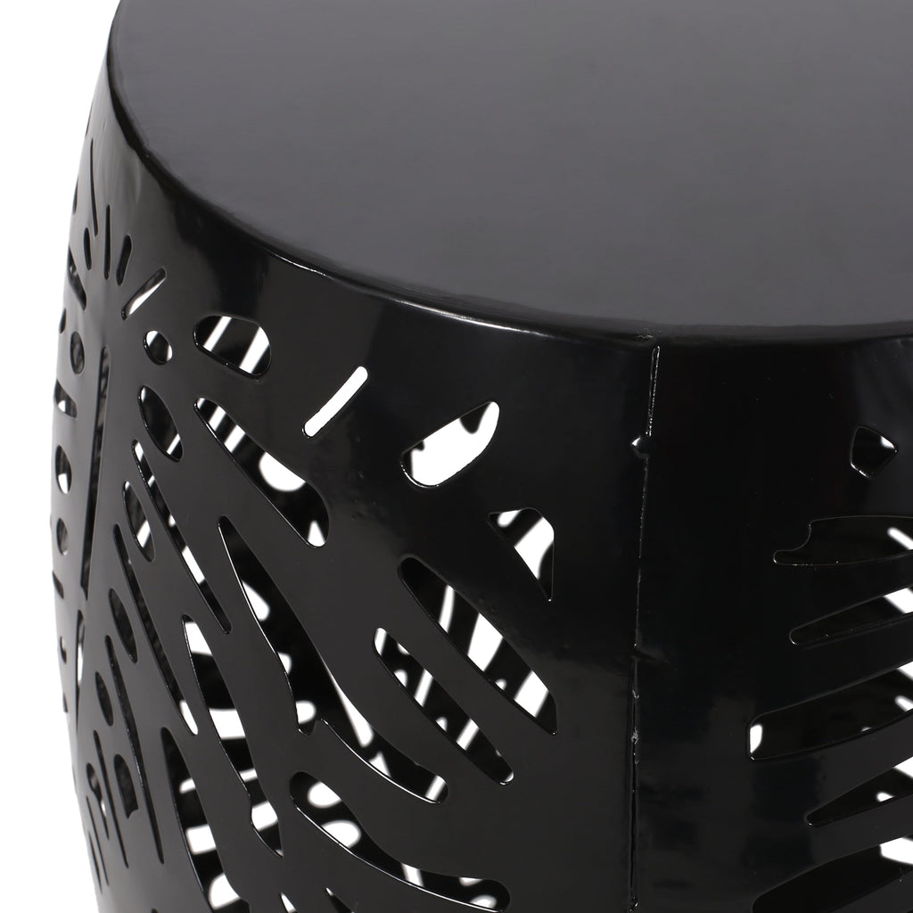 Rebirth Outdoor End Table with Tropical Palm Leaf Pattern and Iron Frame