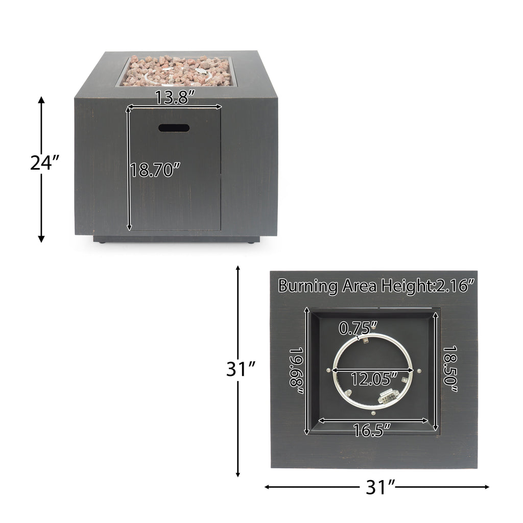 33" Outdoor Iron Square Propane Fire Pit, Tank Inside, 50,000 BTU