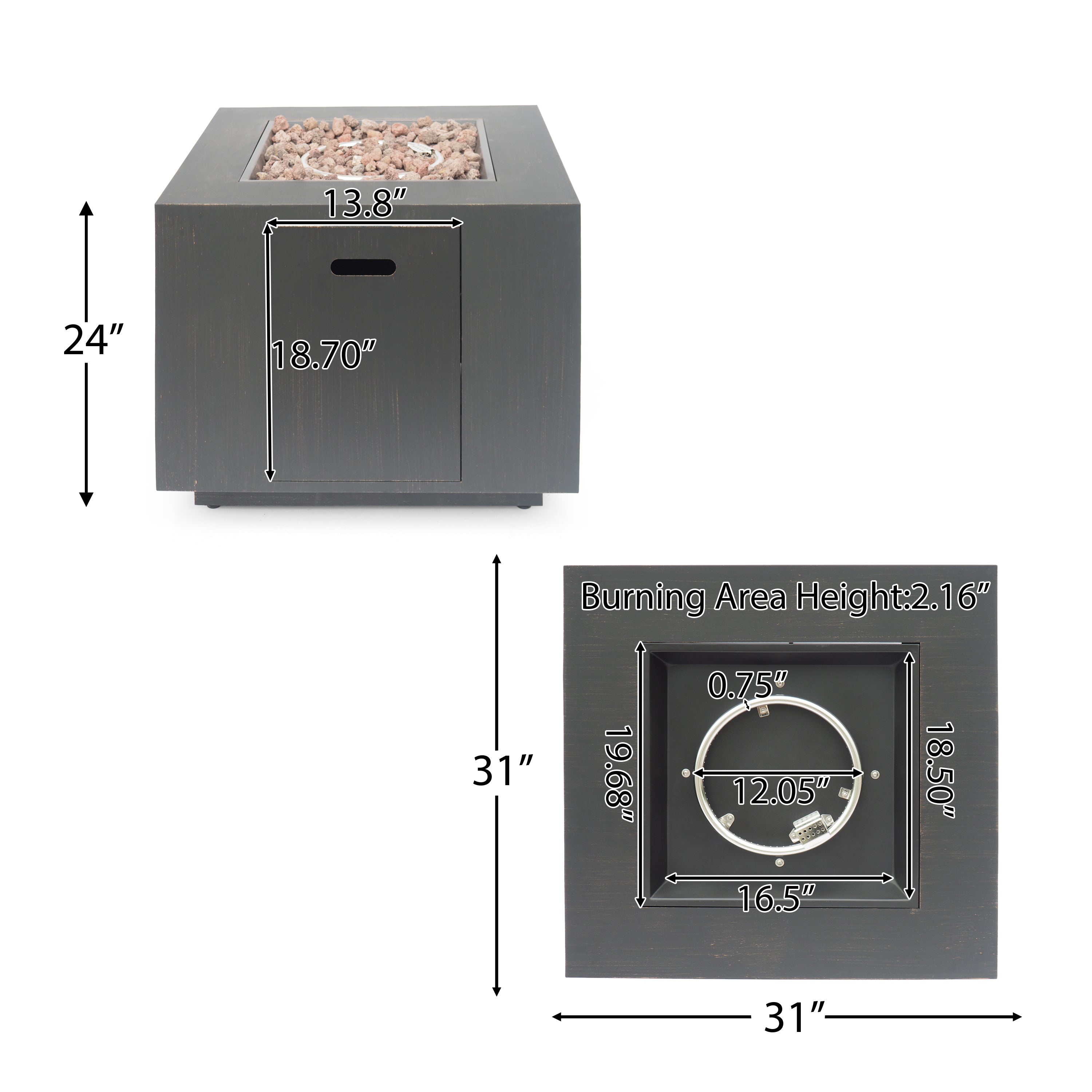 33" Outdoor Iron Square Propane Fire Pit, Tank Inside, 50,000 BTU
