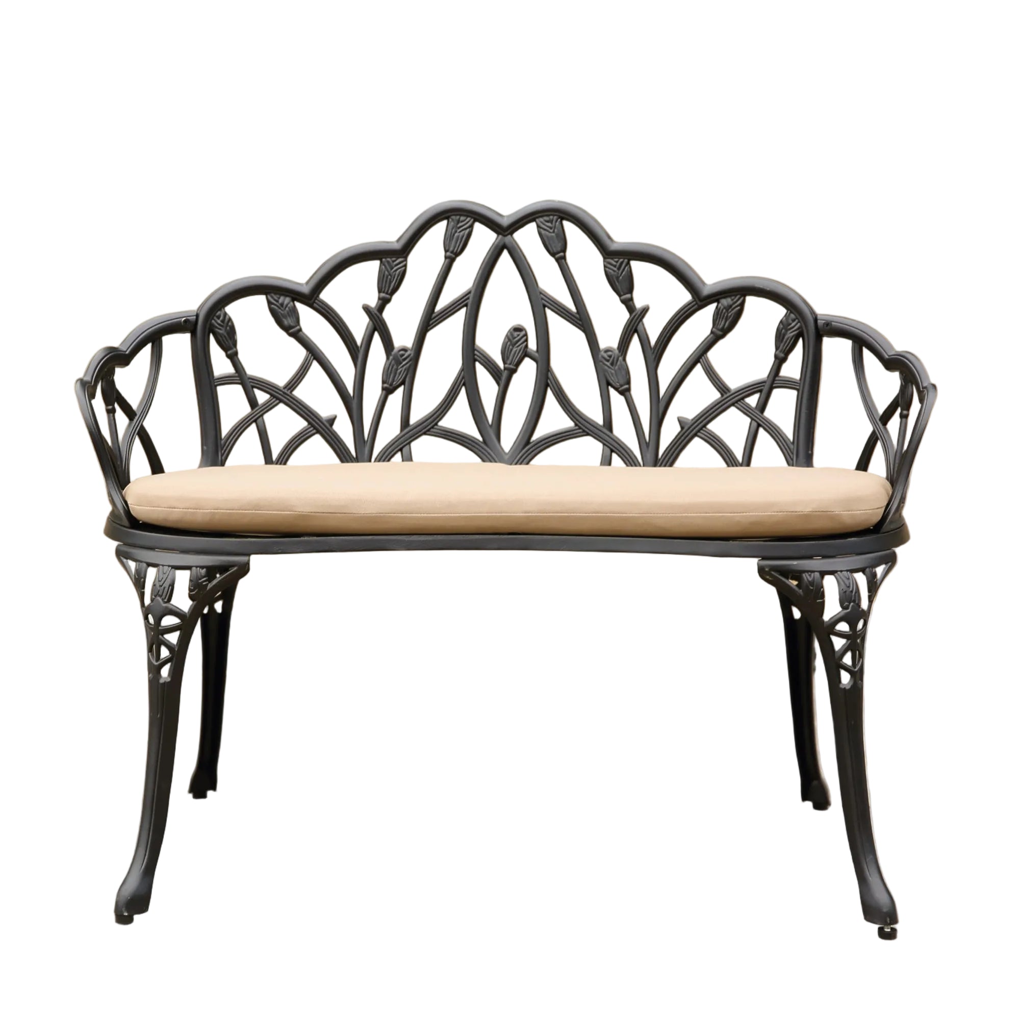Tulip Cast Aluminum Garden Bench with cushion