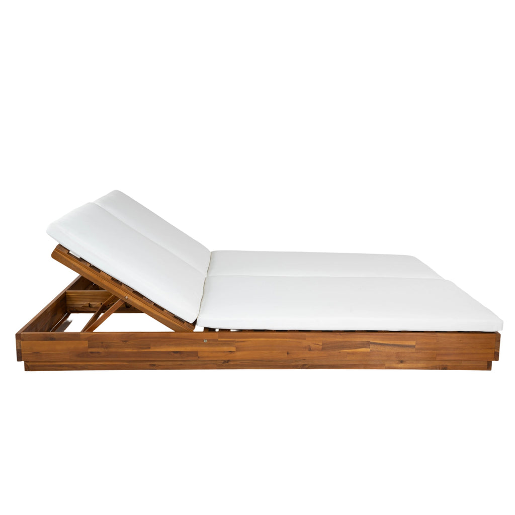 Adjustable Acacia Wood Low-Profile Double Sunlounge with Cushion