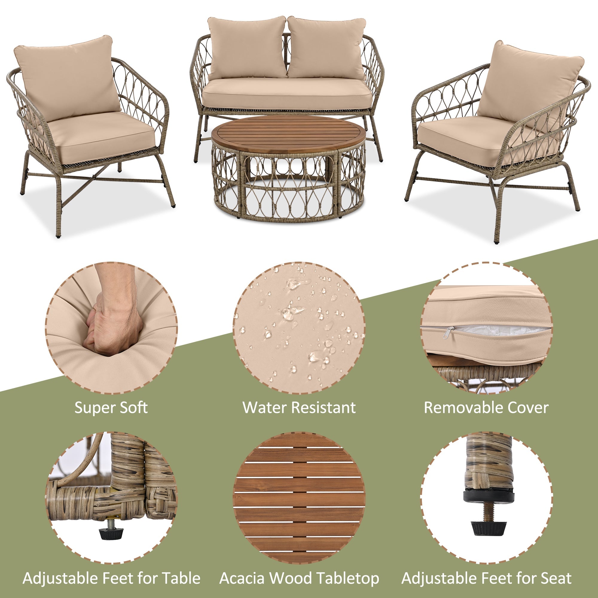 4-Piece Outdoor Sofa Set with Woven Wicker Design and Wood Table Top