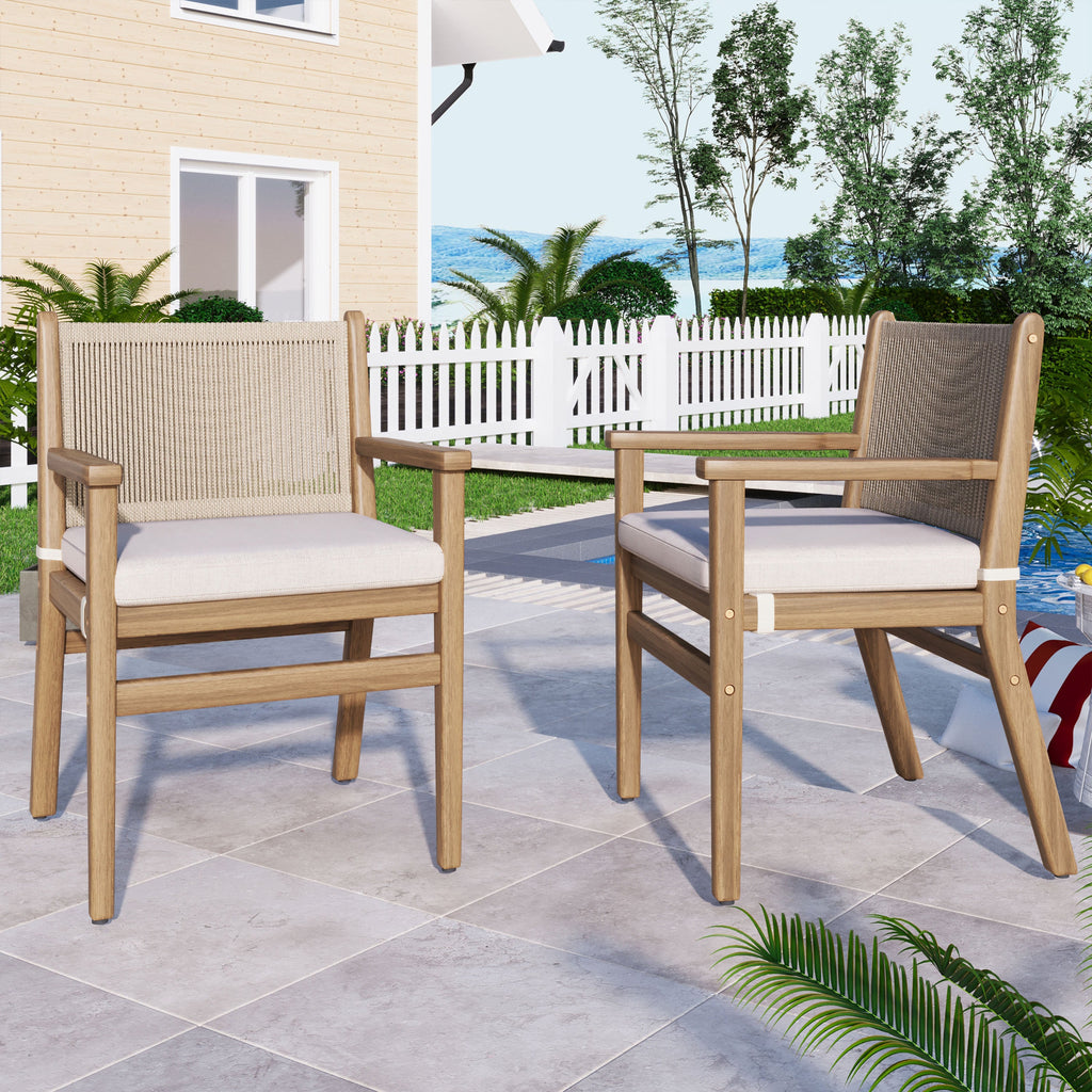 Outdoor Dining Chair with Rope Design Back and Seat Cushion, Set of 2