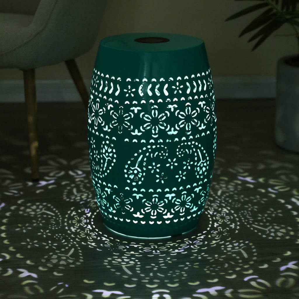Sunhaven Punched Metal Solar Side Table with Built-in Solar Battery