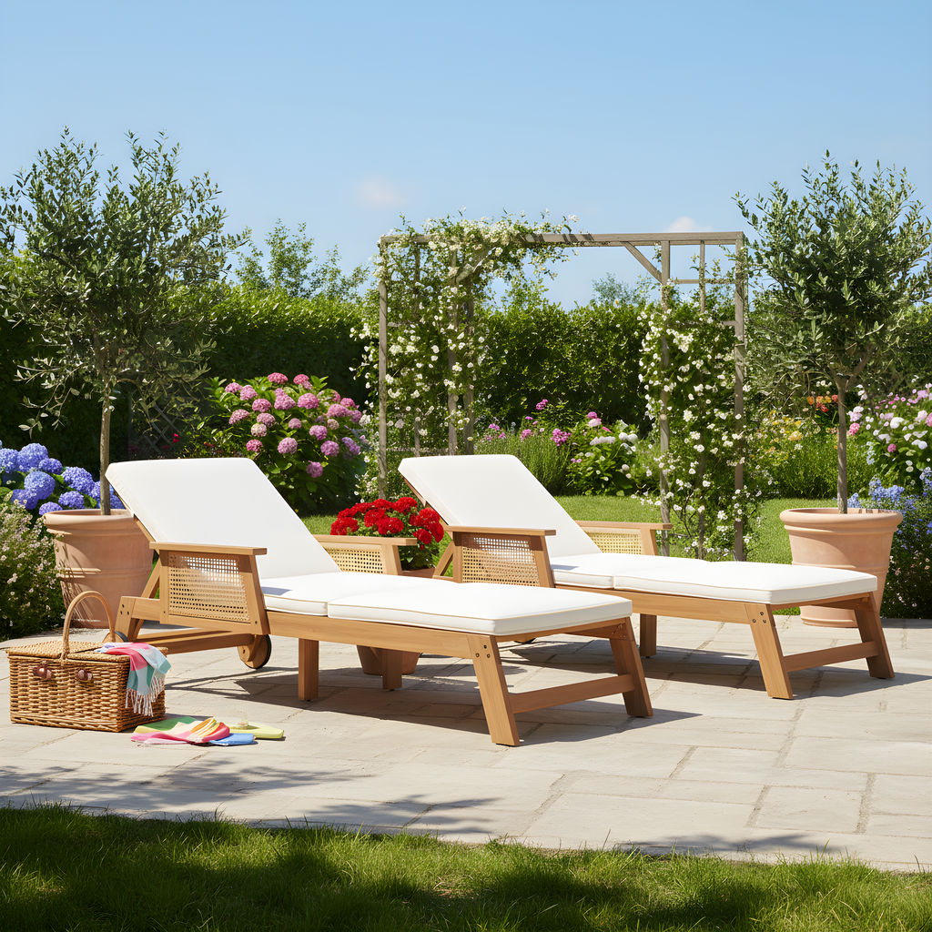 Retro Acacia Wood Outdoor Sunlounge with Wheels & 3-Position Backrest