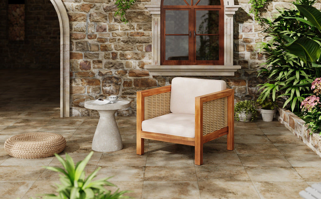 Outdoor Acacia Wood Outdoor Club Chair with Wicker Armrest and Beige Cushions