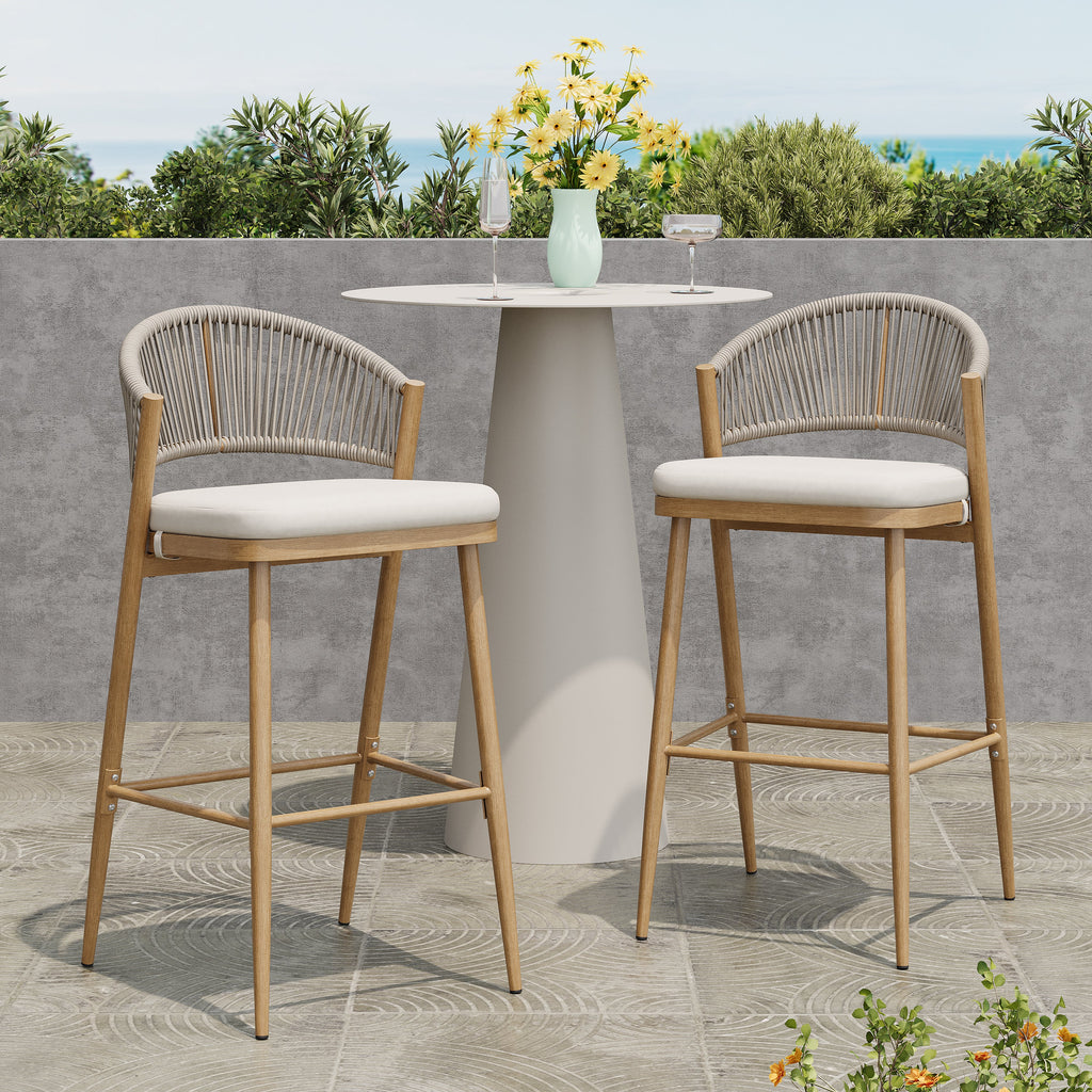 Outdoor Metal Frame Stools with Scallop-Shaped Backrest & Water-Resistant Cushions, Set of 2
