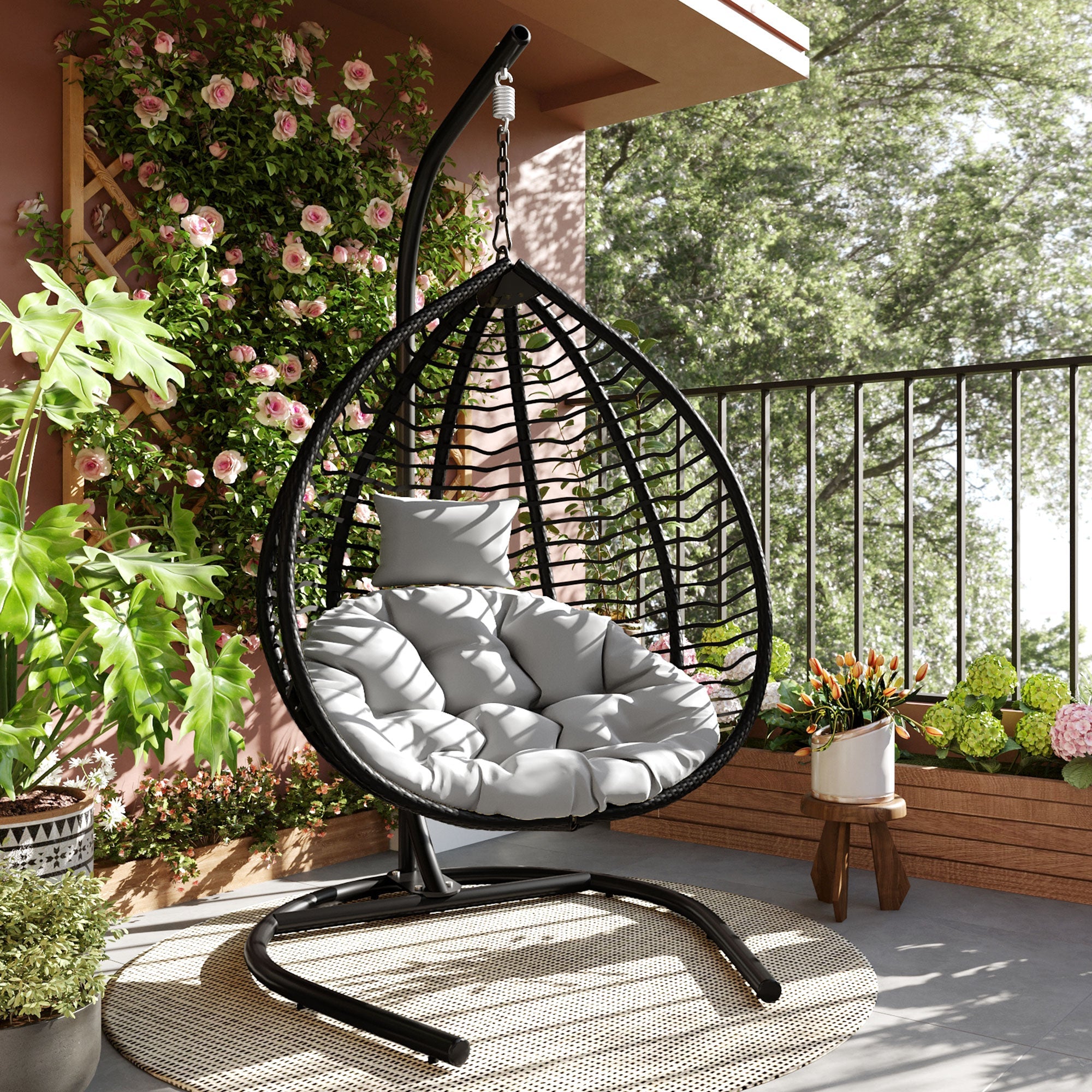 Foldable Rattan Egg Swing Chair with Iron Frame, Plush Cushion & Removable Headrest