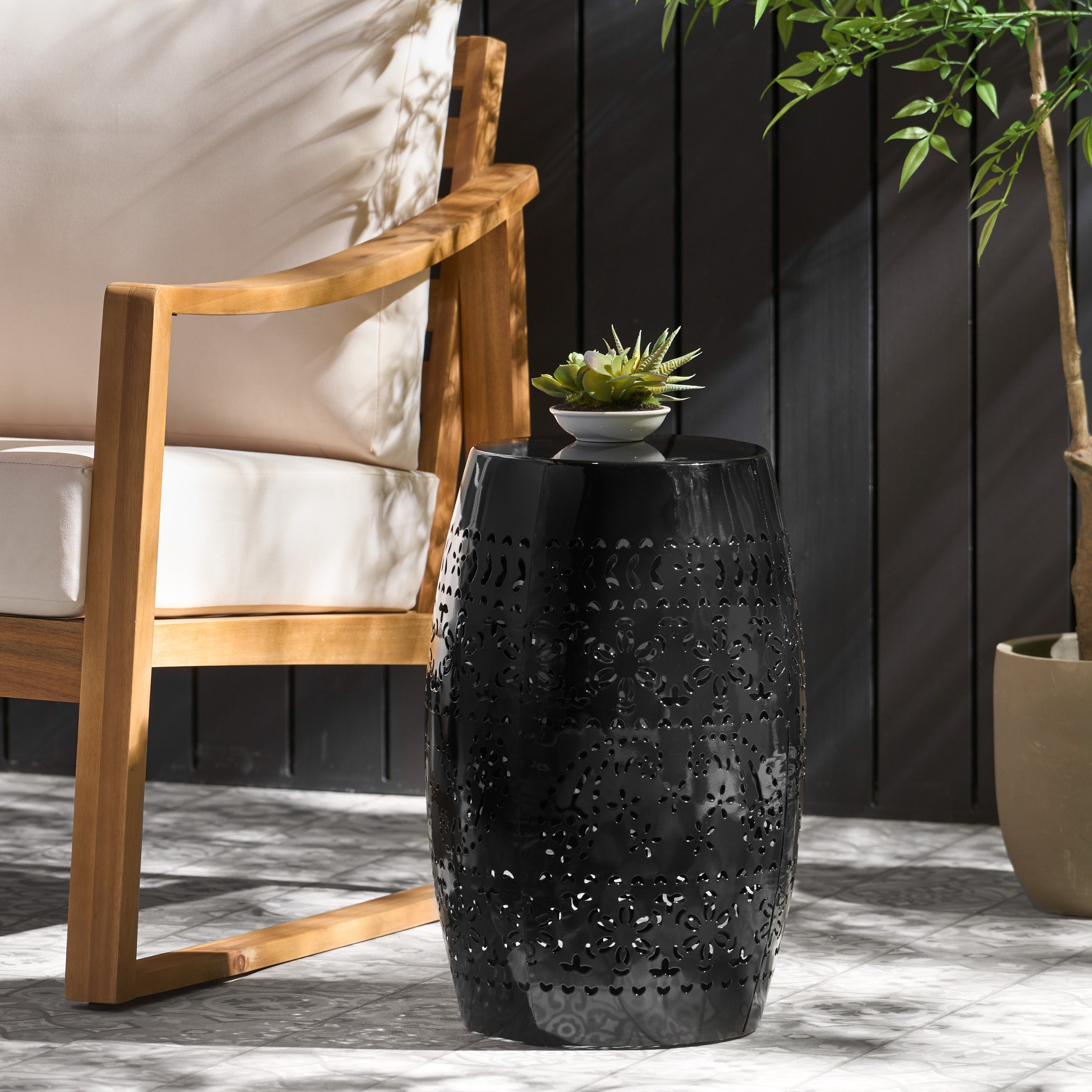 Ruby Outdoor Metal Lace Cutout Accent Table