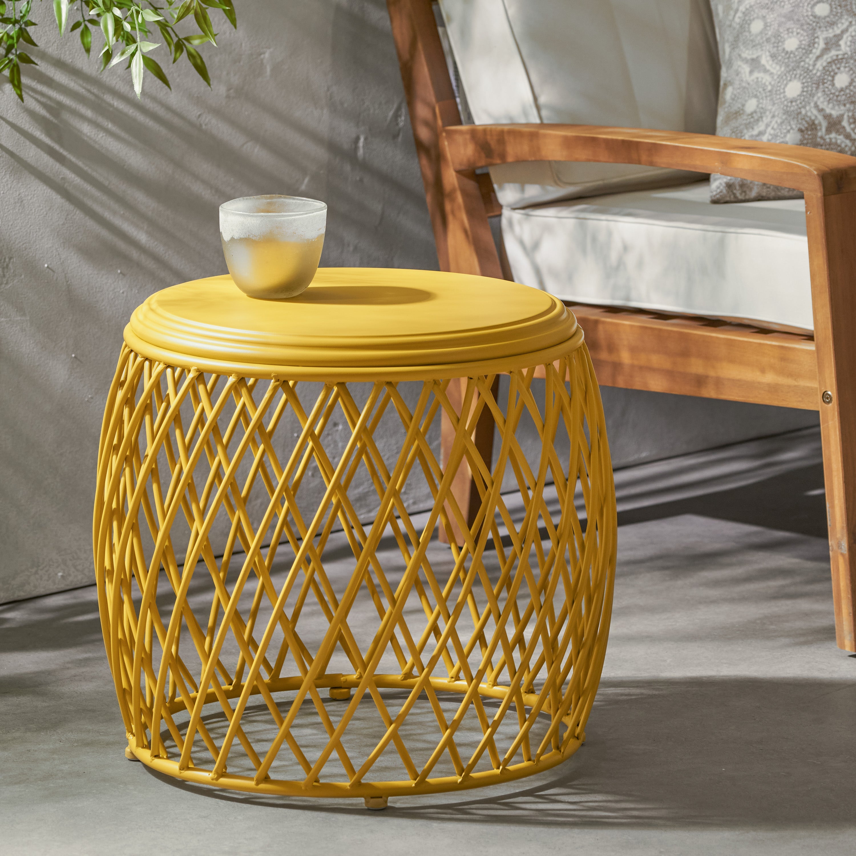Coveted 19.75" Outdoor Cylindrical Iron Side Table with Lattice Design