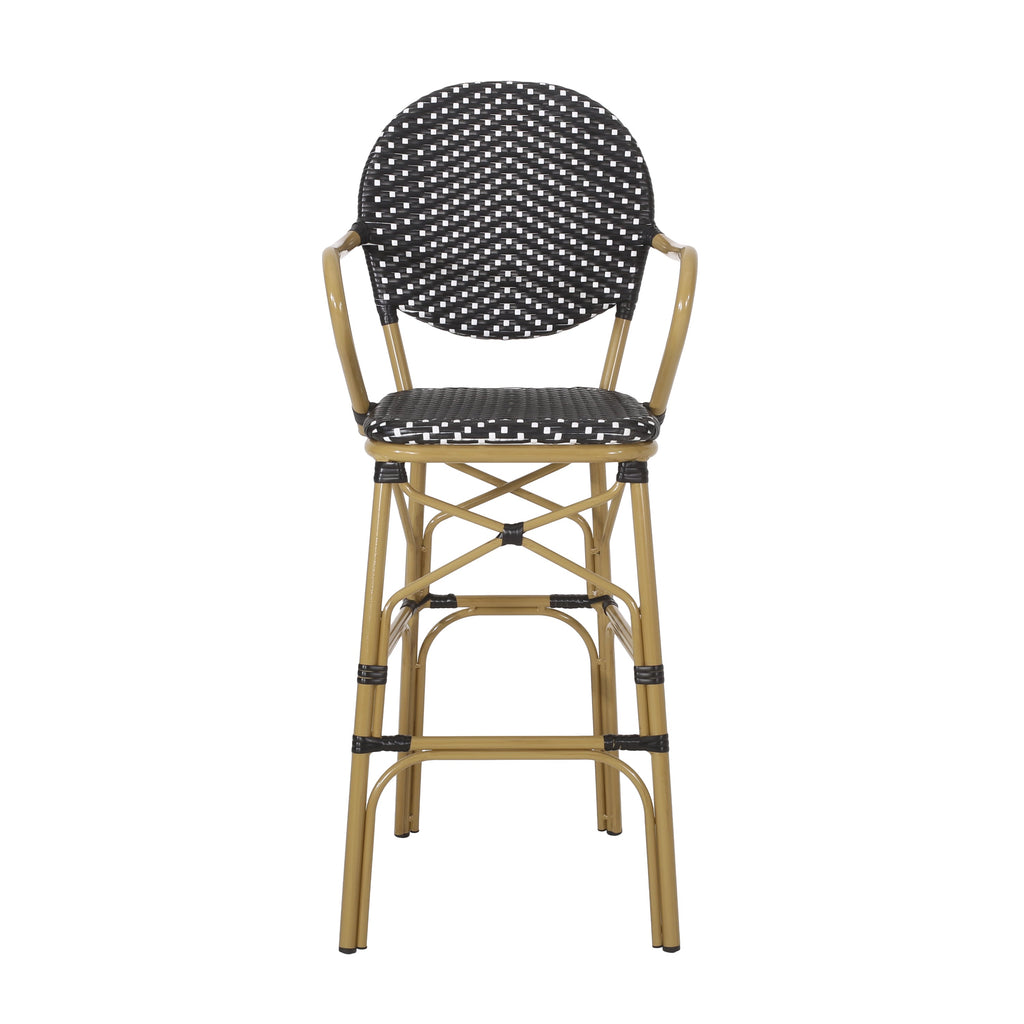 Valorous Outdoor Wicker Bar Stool with Round Back and Curved Arms, Set of 2