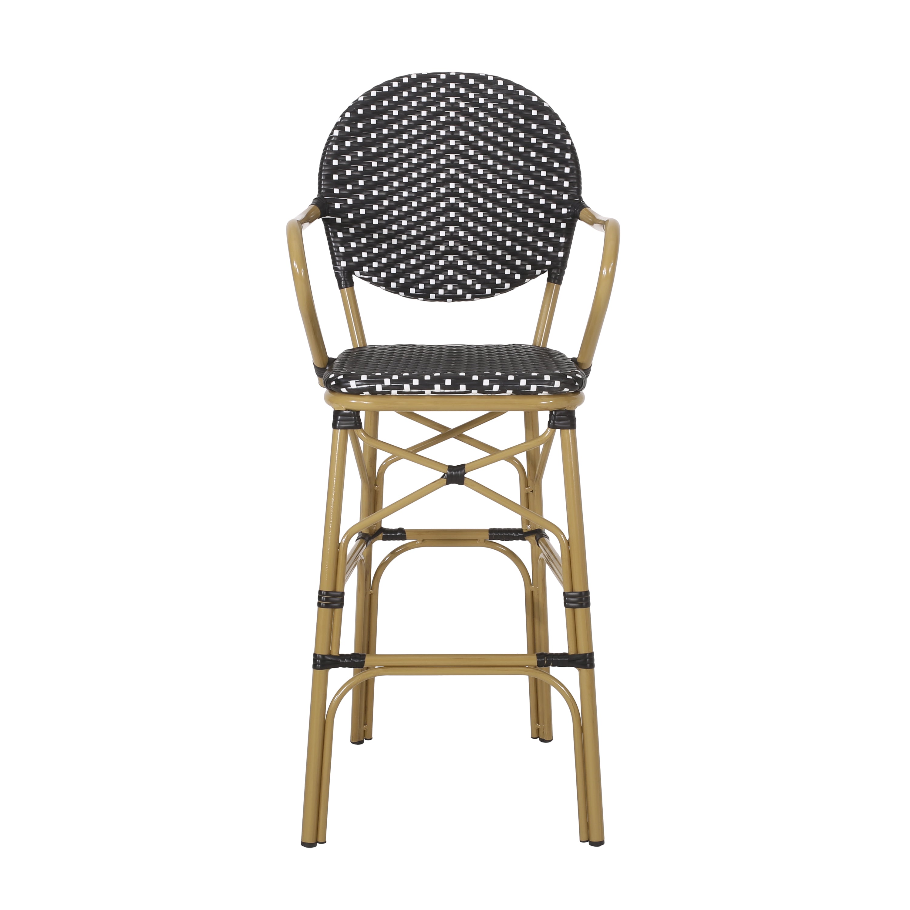 Valorous Outdoor Wicker Bar Stool with Round Back and Curved Arms, Set of 2