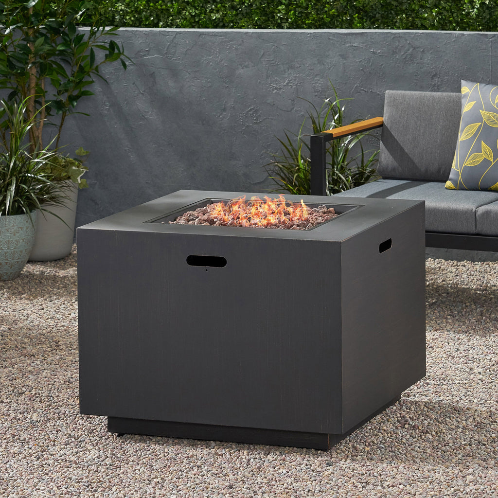 33" Outdoor Iron Square Propane Fire Pit, Tank Inside, 50,000 BTU